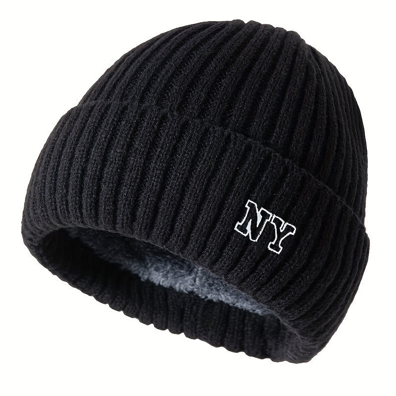 TEMU Unisex Thick -lined Warm Beanie With Ny Letter Embroidery, Fashion Solid Comfortable Unisex Autumn Winter Outdoor Hat, Thoughtful Gift For ,