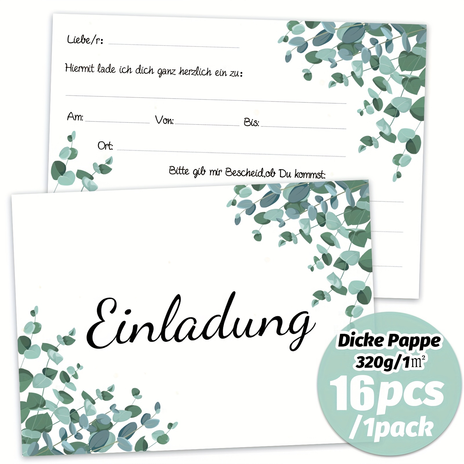 Image of 16pcs 320gsm Heavyweight Cardboard Invitations - Elegant Eucalyptus With German Text For Weddings, Baptism, Birthdays & , Event Stationery, Festive Graphics, Highquality Print