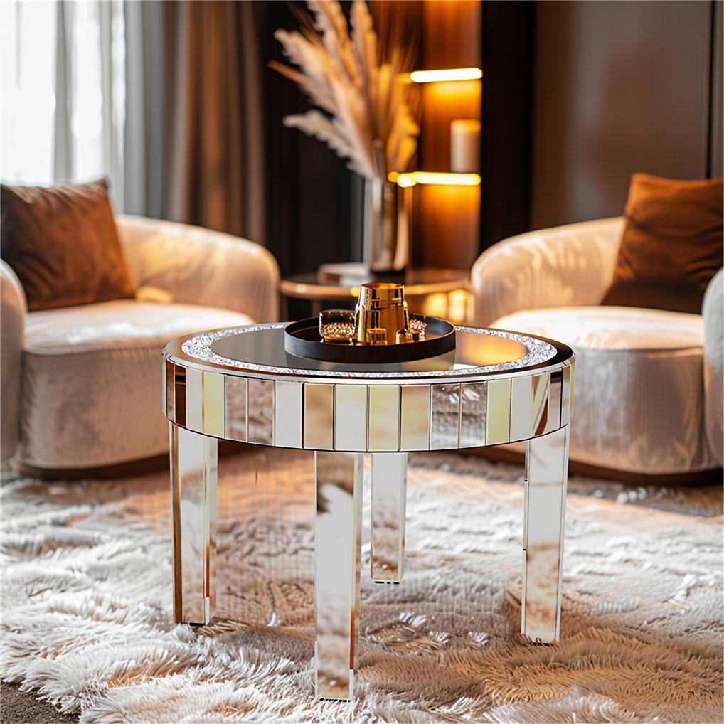 AESOME 23.62'' Mirrored Round Coffee Table for Living Room Modern Glass Accent Table with Crystals Inlay Silver Sofa Accent Table for Home & Office