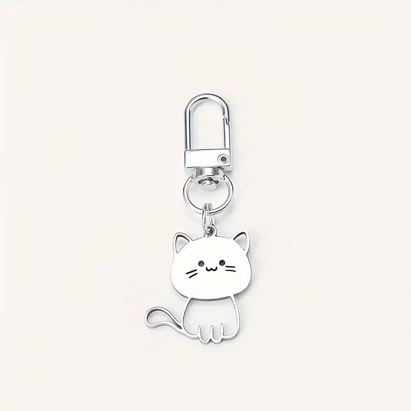 Image of 1pc Silvery Cute Cat Keychain Cartoon Animal Stainless Steel Keyring Backpack Hanging Pendant Bag Charms Gifts For Women