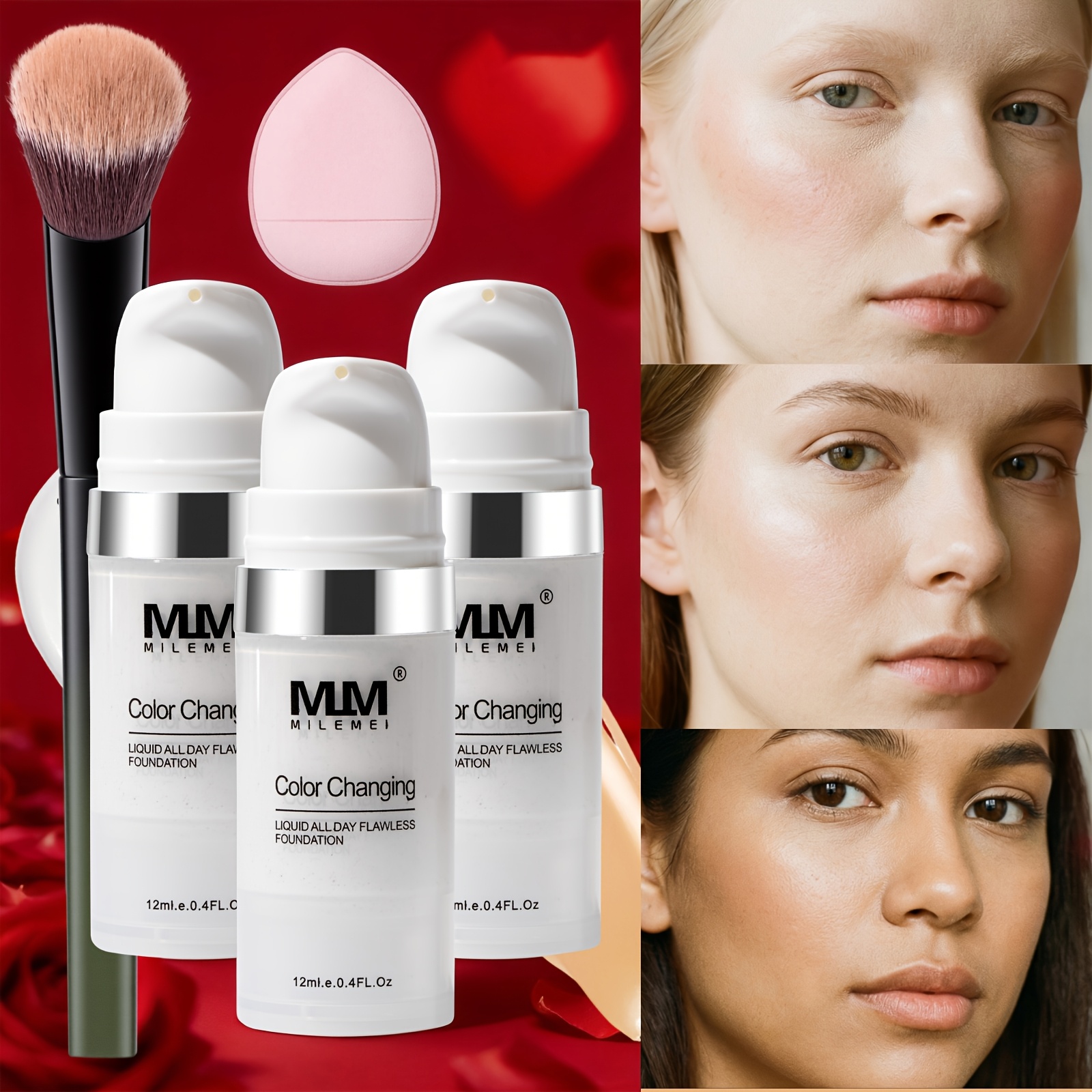 TEMU Liquid Foundation Set - Full Coverage High Concealer Bb Cream Face Makeup Foundation - Lasting Makeup Waterproof And Sweatproof, Suitable For Types, Halloween And Christmas, New Year Makeup