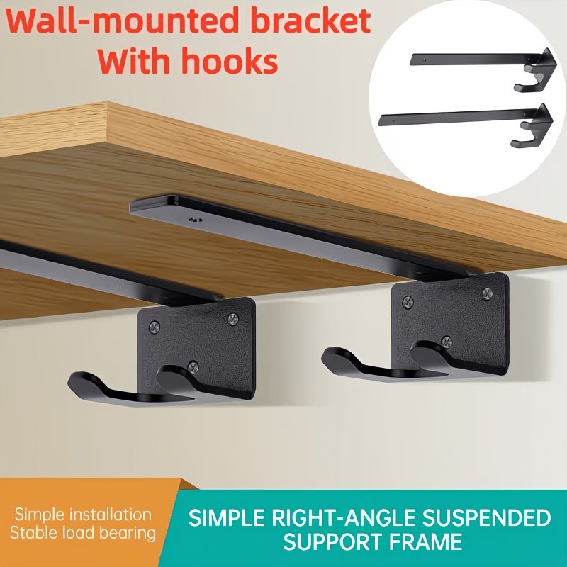 2pcs Black Metal Hidden L-Shaped Brackets/Multi-Functional Supports with Hooks (Thickened), Floating Hidden Shelf Brackets, Heavy-Duty Iron Supports, Shelf Board Brackets, Industrial L-Shaped Racks, Iron Rack Brackets