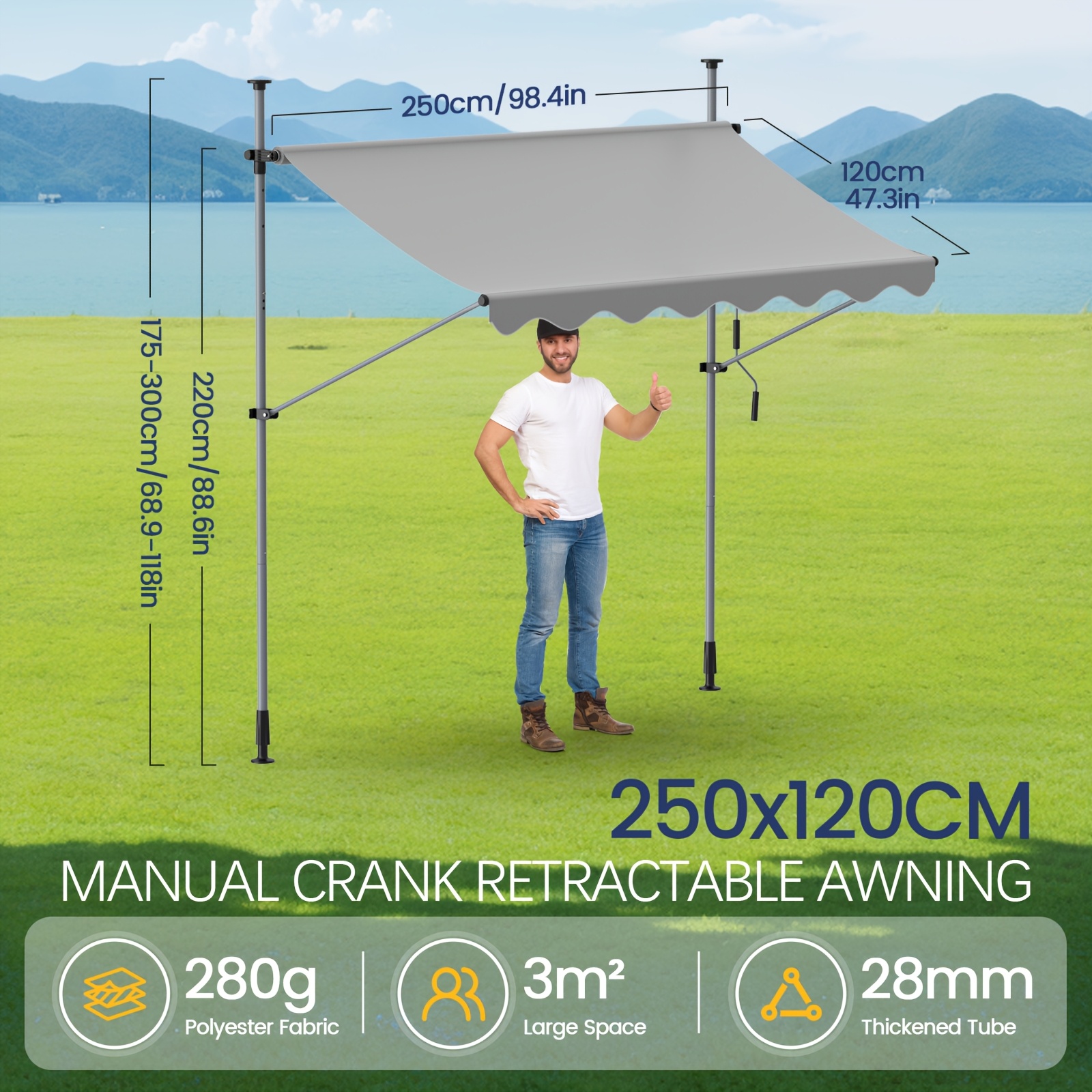 Aweioo Balcony Awning With Crank Operation Adjustable Balcony Awning Cover With Hand Crank, No Drilling Required, Suitable For Gardens And