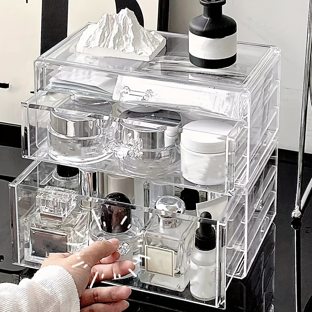 

1pc Acrylic Makeup Organizer Box With Drawers, Transparent Cosmetic Storage Case, Multi-section Design, Easy Pull Handle, For Cosmetics, Perfume, Stationery