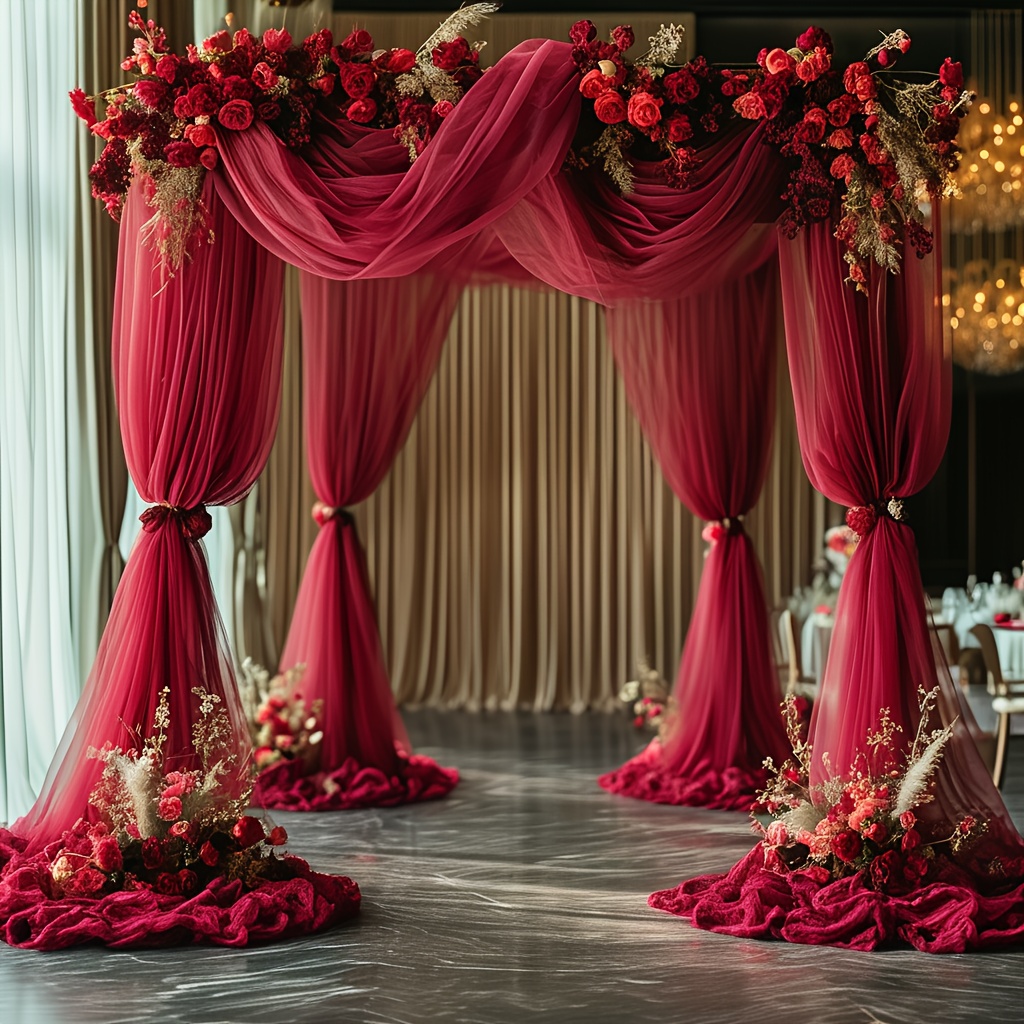 Image of 1pc, Red Mesh Wedding Arch Curtain, Made Of Solid Burgundy Red Fabric, For Romantic Decorations, Perfect For Thanksgiving, Christmas, New Year, And Evening Events. In Sizes 80x300cm/80x800cm/160x800cm