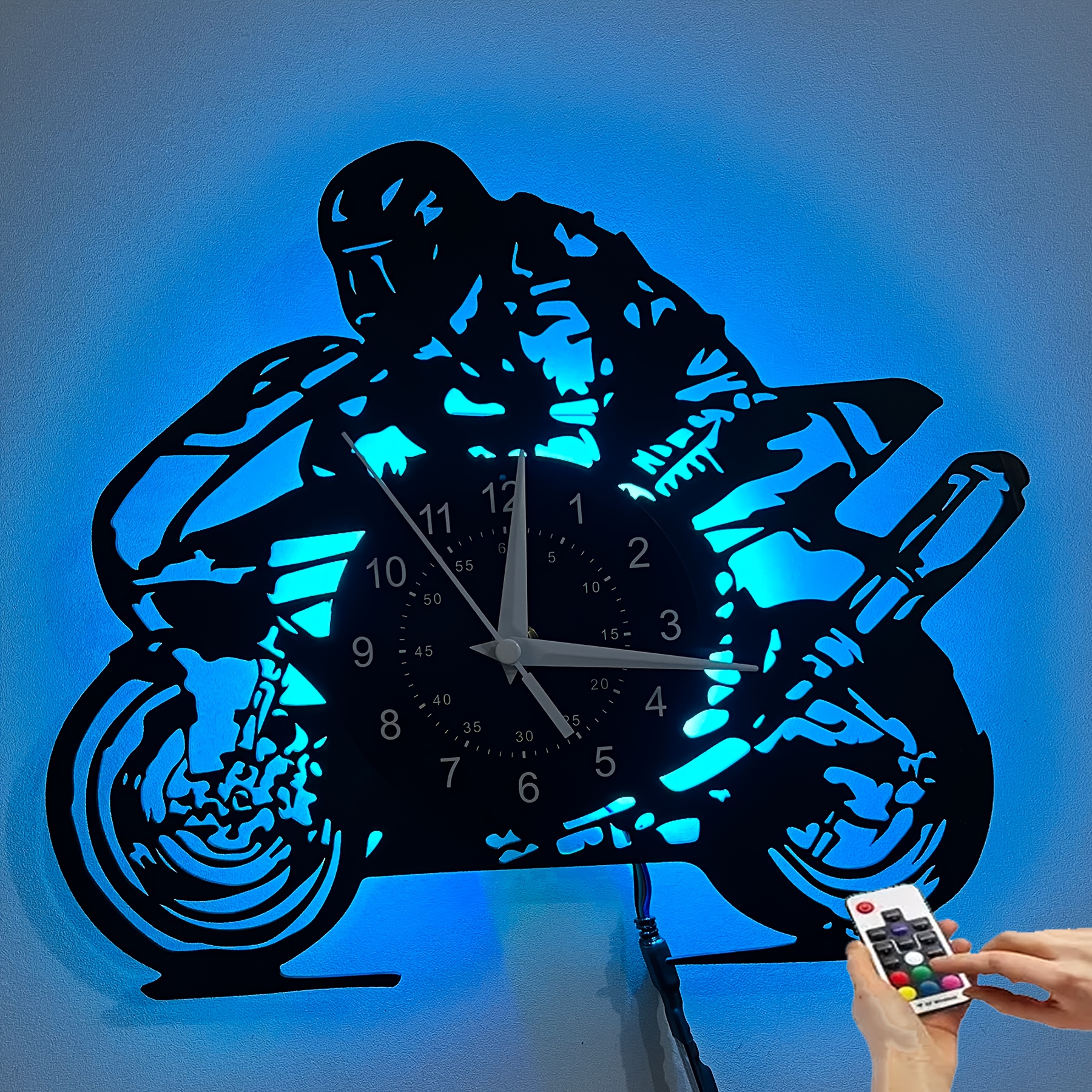 Image of Wall Clock With Motorcycle Design, Led Motorcycle Wall Clock With Blue Backlight, Home Wall Clock, Motorcycle Statue Mural For Room & Indoor Decor, Ideal Christmas Gift For Family & , Motorcycle Decor