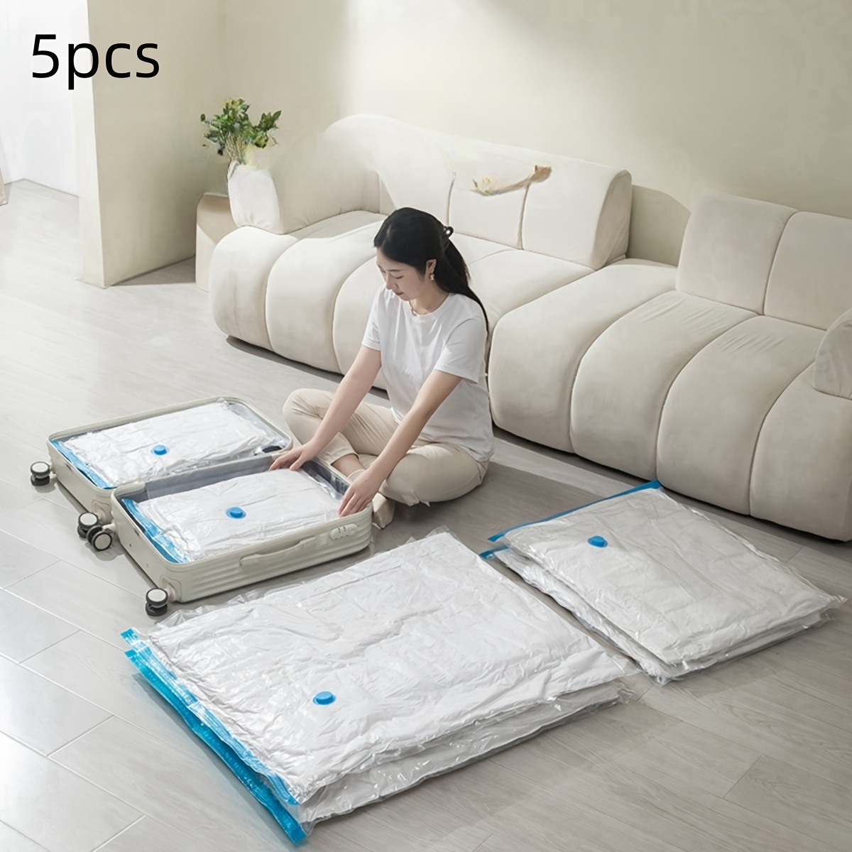 

[5pcs Space Saver Vacuum Storage Bags] 5pcs Space Saver Vacuum Storage Bags, Plastic, Zipper Closure, Rectangle, Use, With No Electricity Needed For Clothes, Pillows,, Blankets, And Bedding