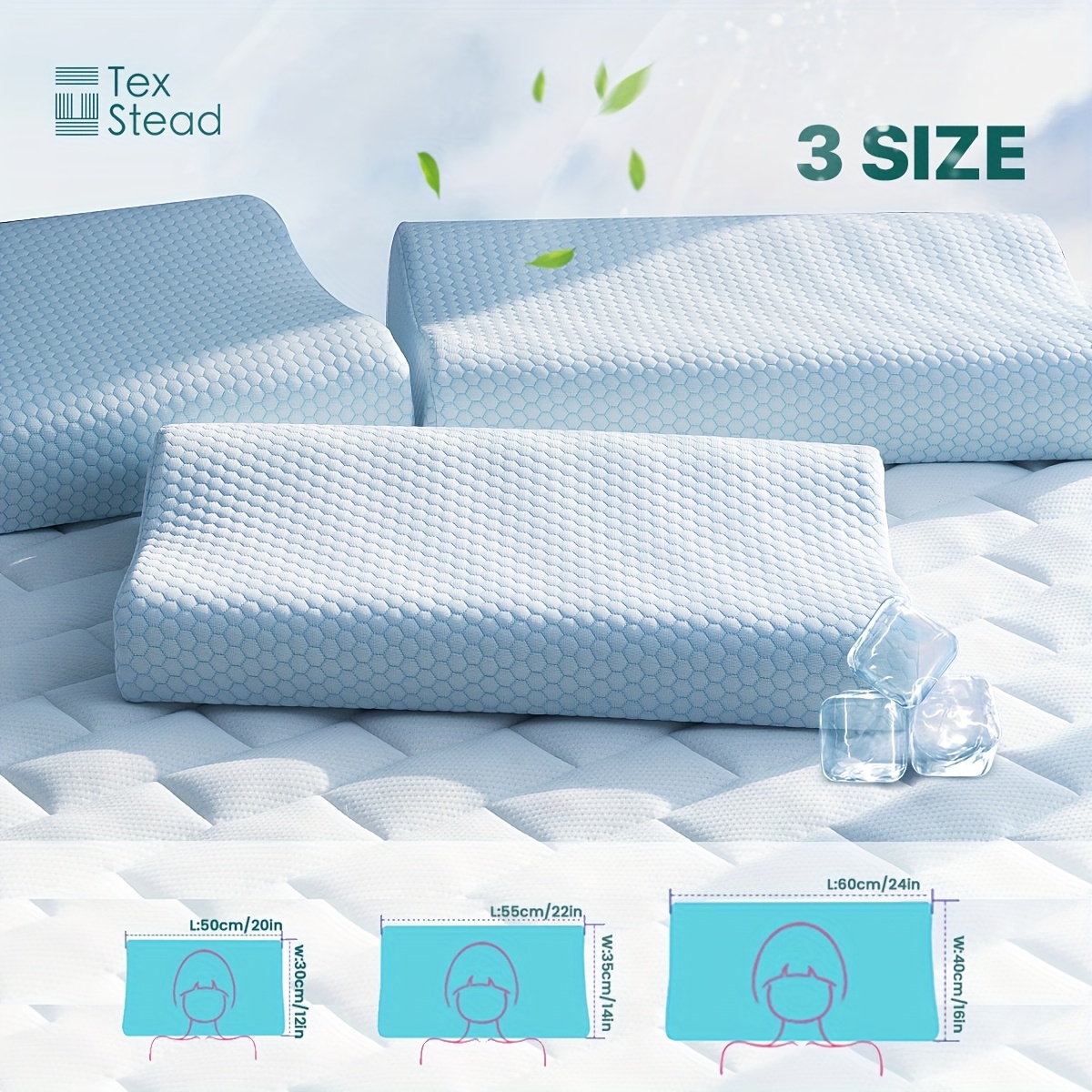 1pc Tex Cooling Memory Foam Pillow, Contour Cervical Orthopedic Support,  Breathable Viscose Fabric Cover, Sleep Enhancing Neck Pillow For Side,