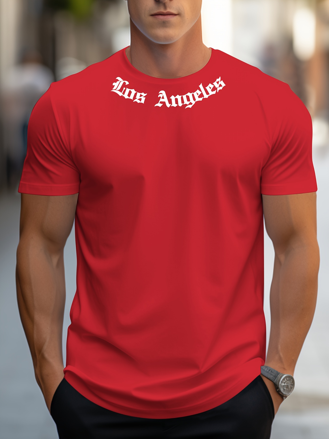 Los Angeles Graphic Print Men's Creative Top, Casual Short Sleeve Crew Neck T-shirt, Men's Clothing For Summer Outdoor
