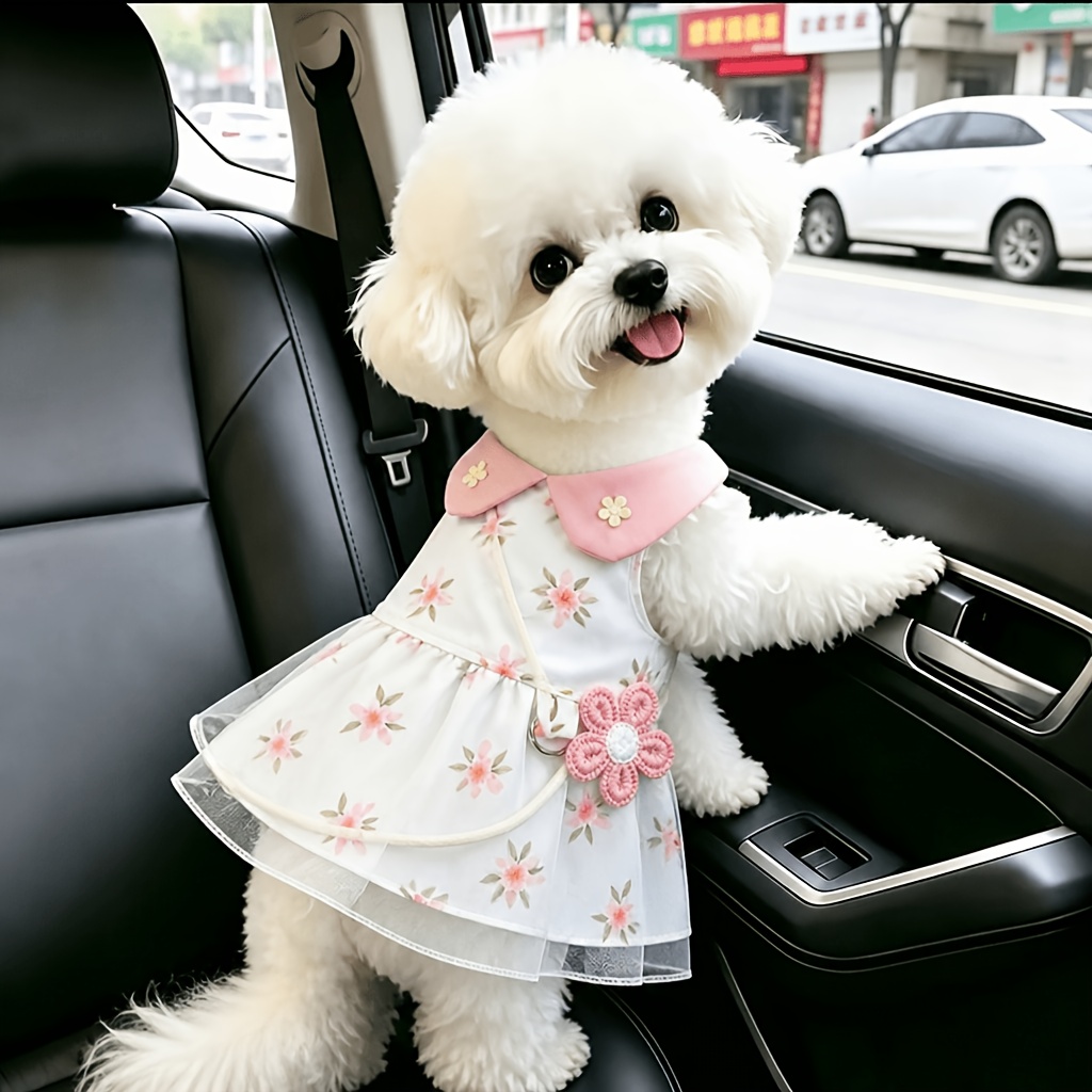 TEMU Vestito per animali domestici con stampa di fiori di ciliegio e rosa, gonna per cani con rosa e decorazione a , borsa a tracolla rimovibile con