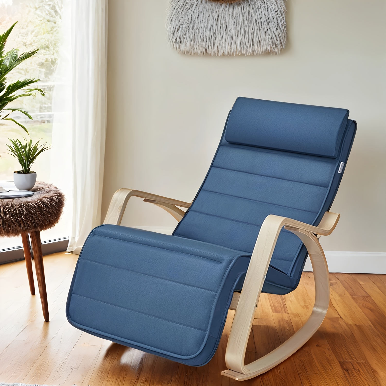 TEMU Mecedora con reposabrazos de madera de , reposapiés ajustable en 5 posiciones, para dormitorio, , azul