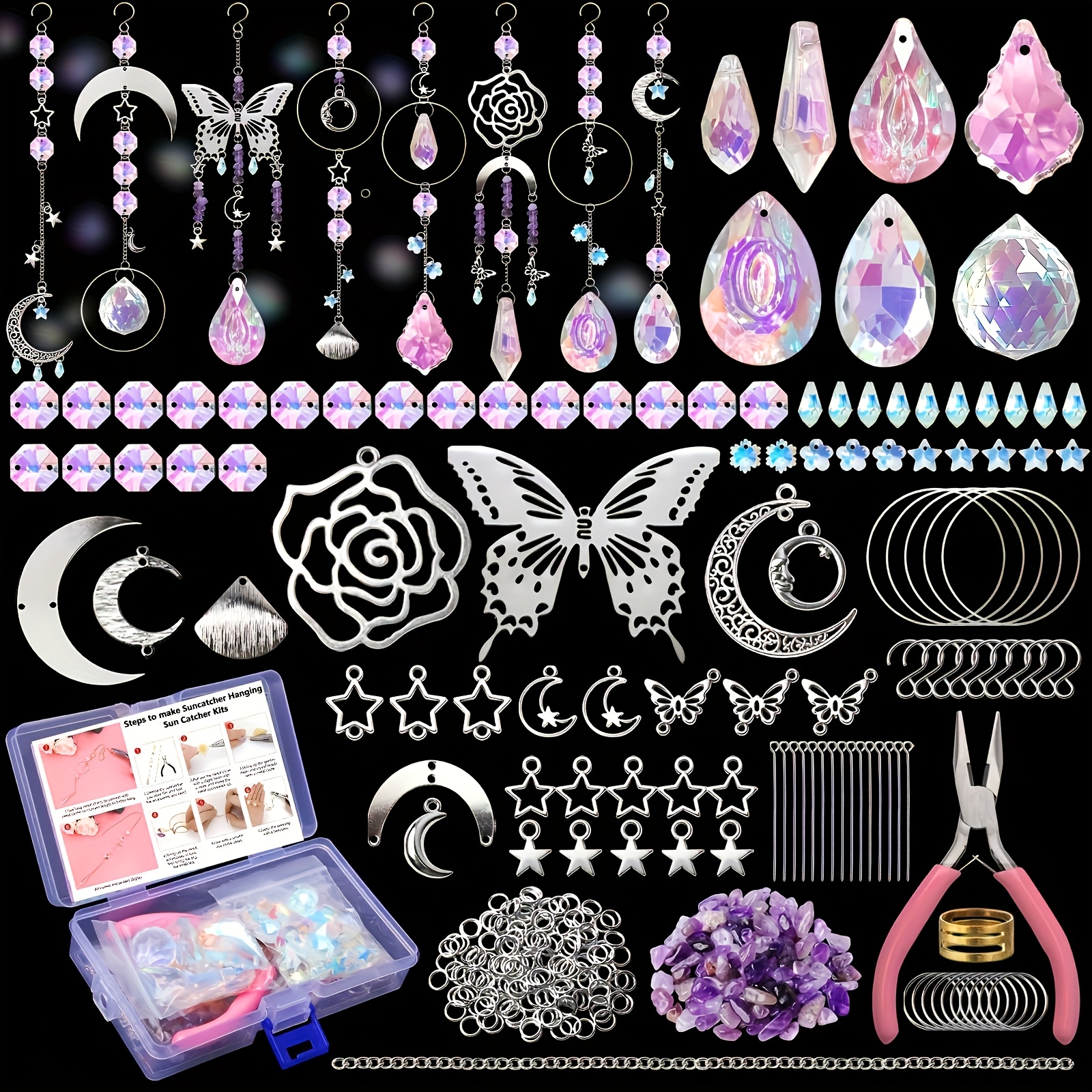 TEMU 350pcs Light Catcher Making Kit, Rainbow Prism Craft Supplies With Charms, Beads, Links, And Silver-plated Additions For Window And Garden