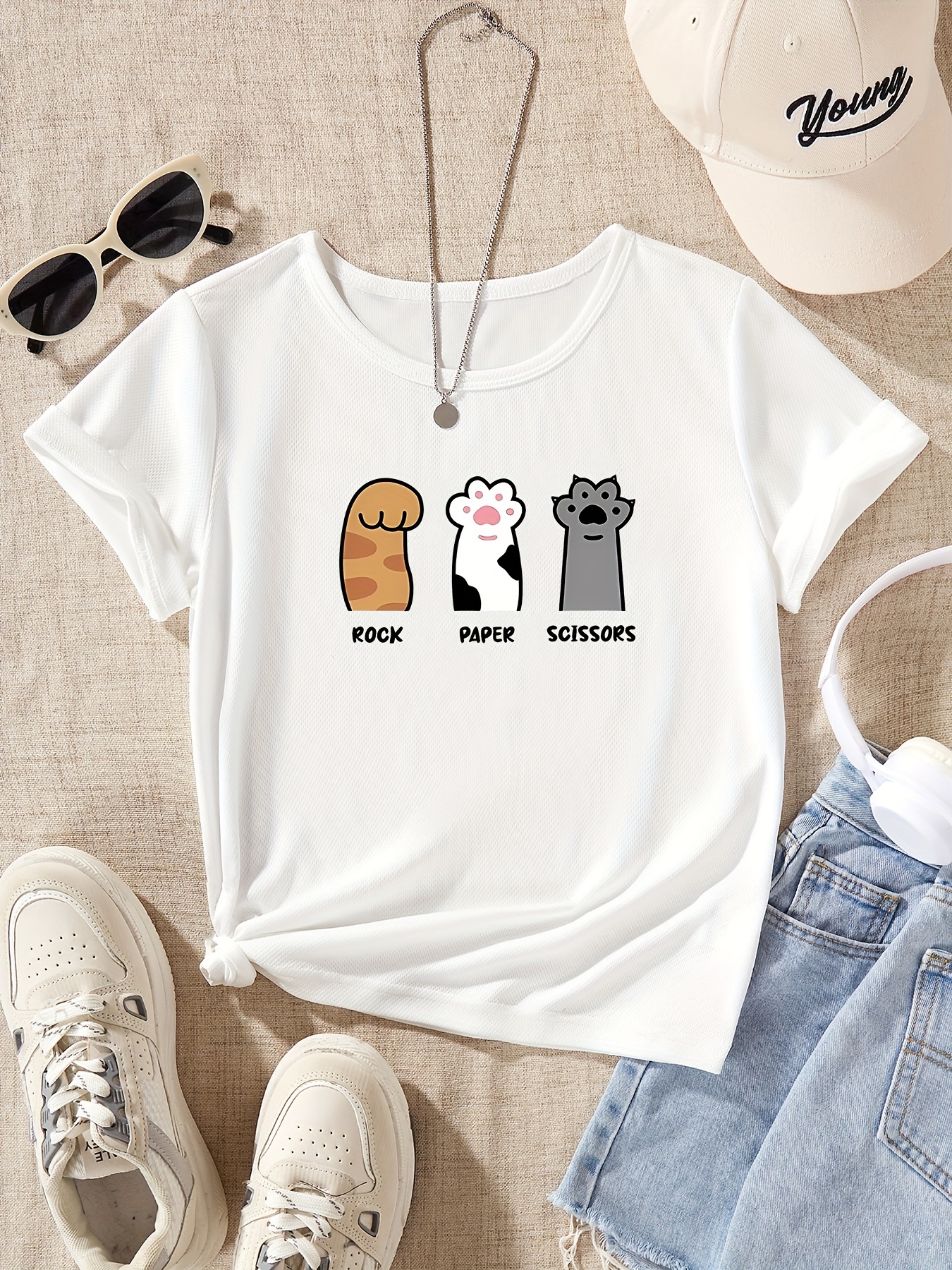 rock paper scissors cartoon cat paws graphic print tee girls