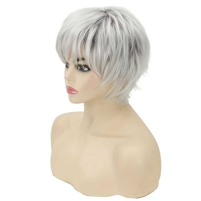 Short Pixie Cut Grey Curly Wig Bangs Women Mixed Silvery Temu