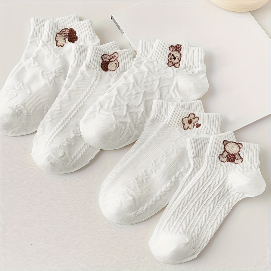 5 Pairs Cartoon Pattern Socks, Cute Japanese Style Short Socks, Women's Stockings & Hosiery