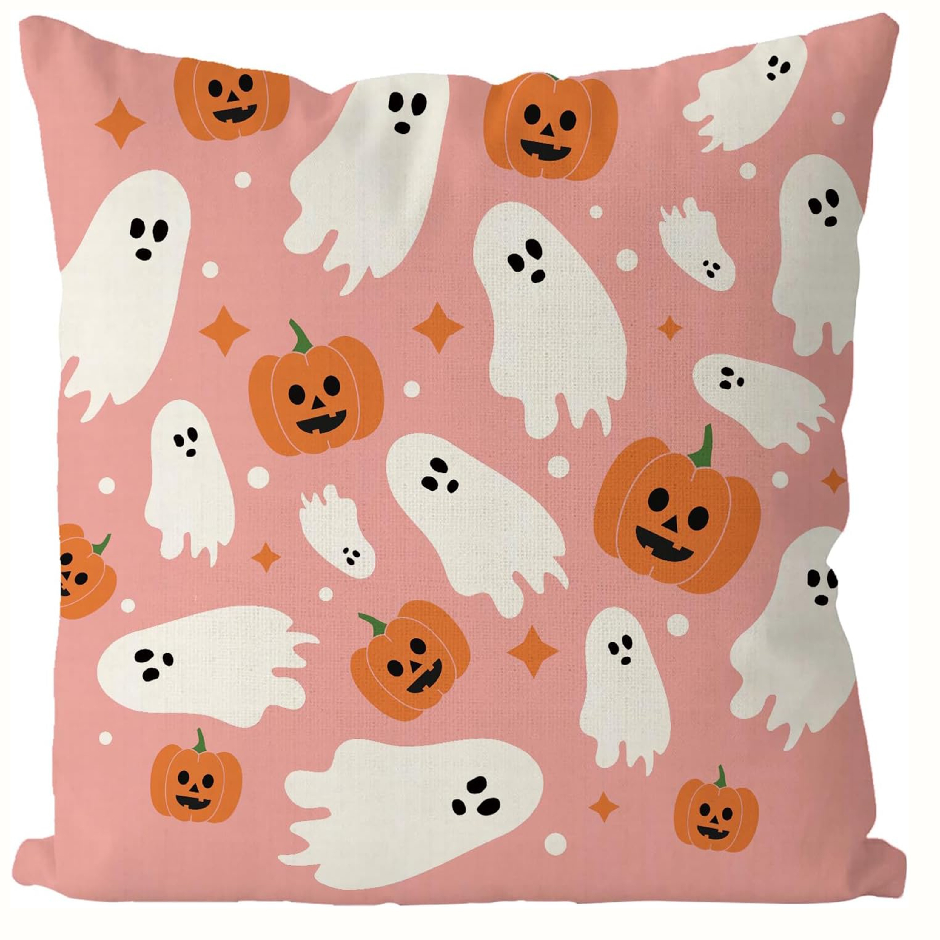 

Halloween Charm Linen Pillow Cover 18x18 Inch - Ghost & Pumpkin Design, Pink Farmhouse Throw Pillowcase For Sofa Decor, Machine Washable, Zip Closure Halloween Pillow Covers Halloween Pillows