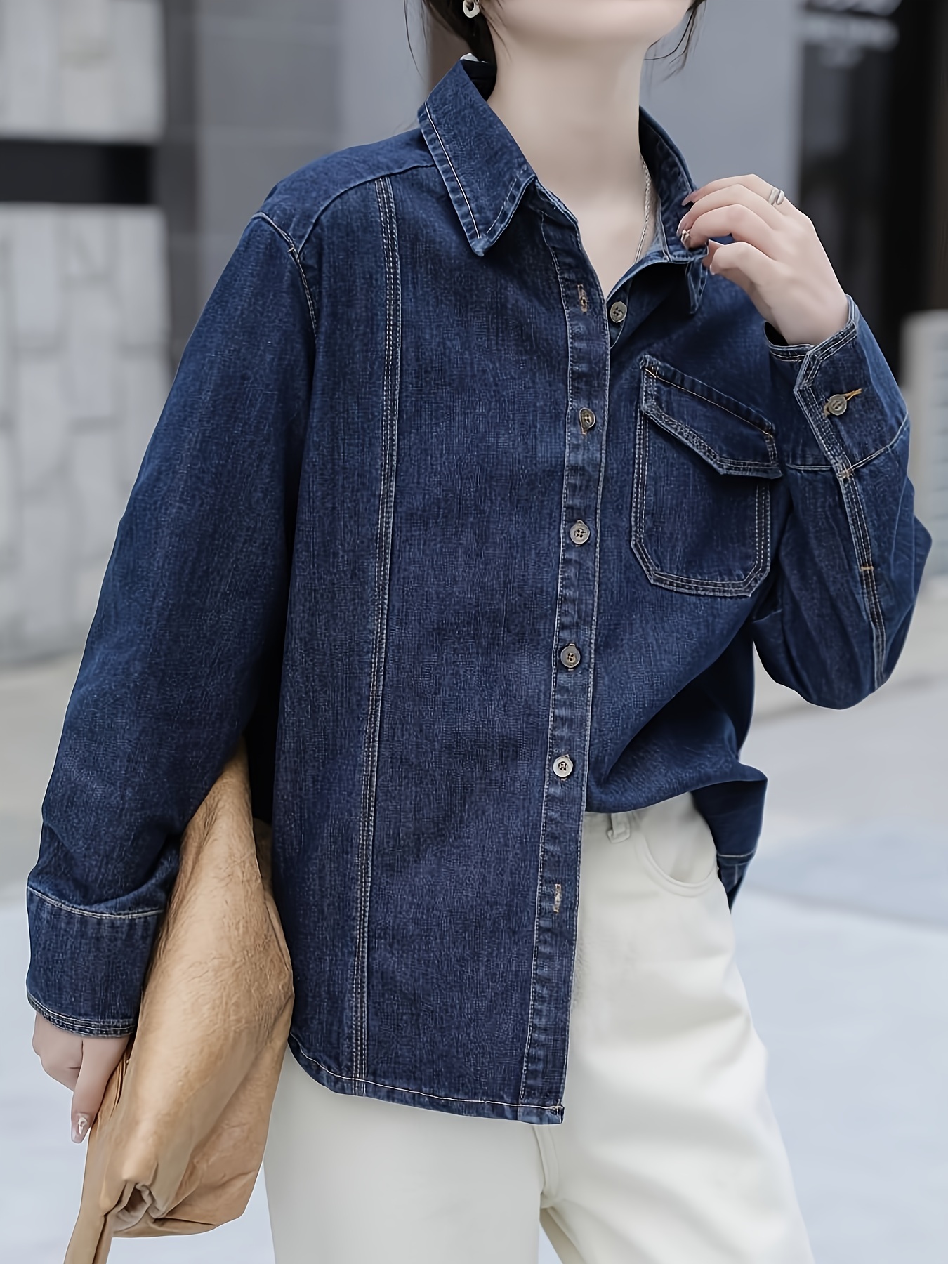 Feziakuk Camicia di jeans da donna con bottoni, blusa di jeans a maniche lunghe, morbida camicia di denim casual, giacca di jeans primavera autunno, top con tasche sul petto, Azzurro, S