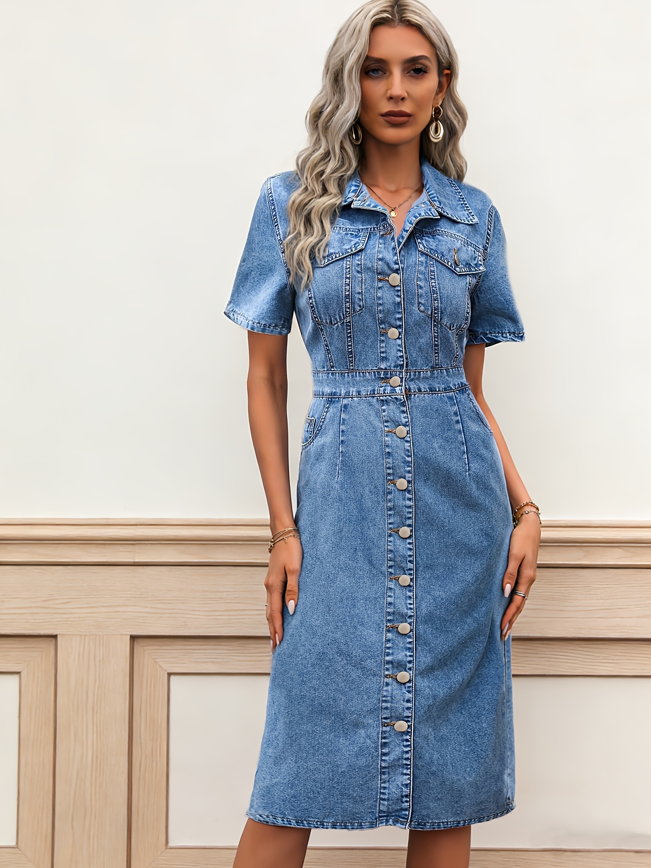 women plus size elegant minimalist denim dress short sleeve - Temu Mauritius