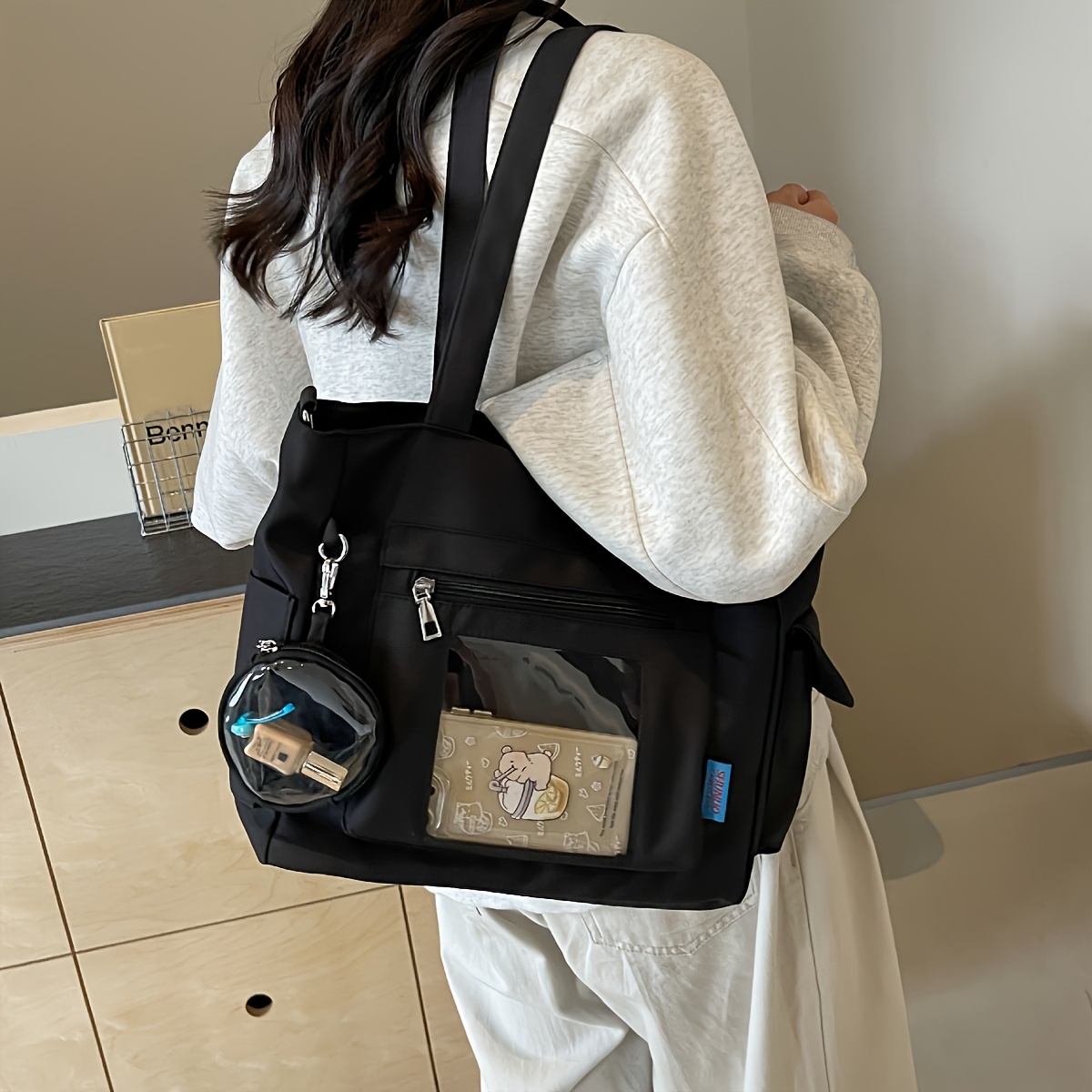 

1pc Unisex Large Capacity Canvas Tote Bag With Transparent Pocket, Korean Style Casual Crossbody Bag, Multi-pocket Bookbag, Medium Messenger Bag With Coin Purse, Zip Closure, Polyester Lined