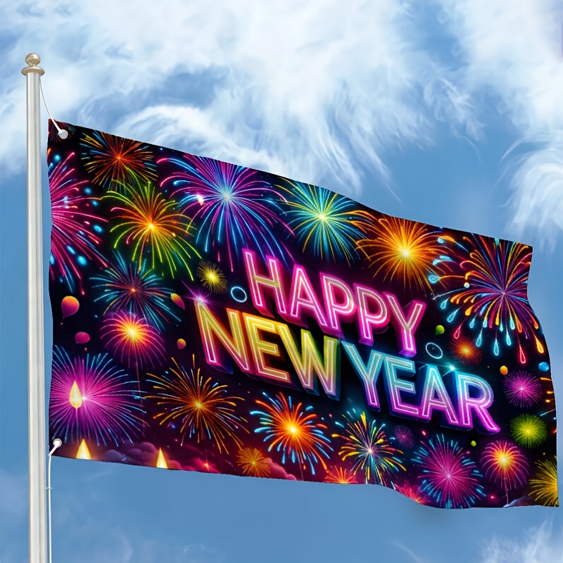 TEMU Happy New Year Fireworks Suitable For Doorways And Outdoor Flags, Printing Techniques