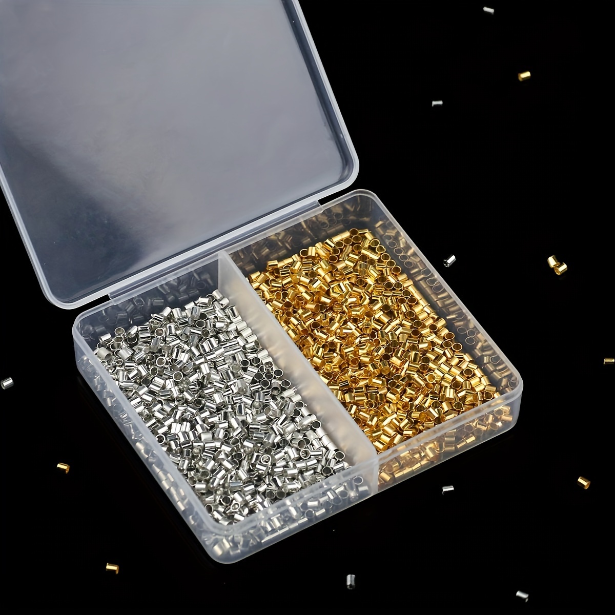 Image of A Box Of 600pcs 2mm Positioning Tube, Flattened, Multi-functional Flattened Positioning Tube Beads For Necklace Bracelet Finishing Handmade Jewelry Additions Materials, Golden/silvery 300pcs Each