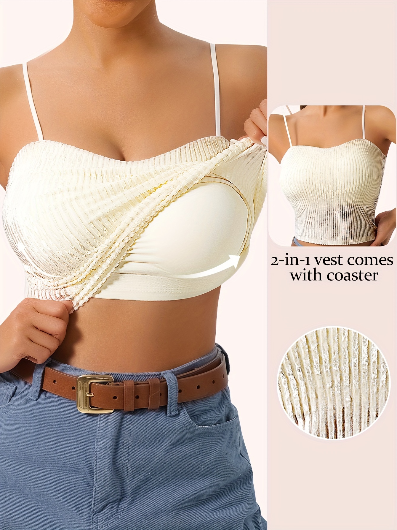 2 In 1 Women's Basic Seamless Camisole Solid Color Spaghetti Straps Slim  Fit Cotton,adjustable Spaghetti Straps Tank Top With Built-in Bra
