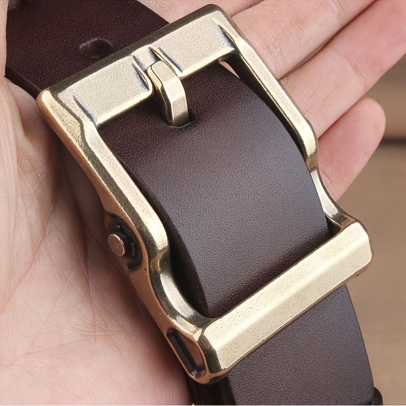 Durable Men's Leather Belt with Brass Square Buckle