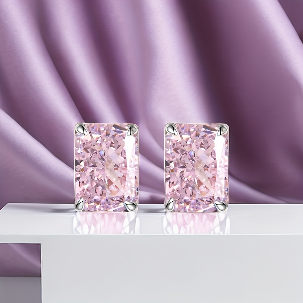 TEMU Orecchini a con Zirconia rosa taglio tritato e taglio , S925 argentati placcati oro 18K, orecchini a perno oblunghi a quattro punte per donna,