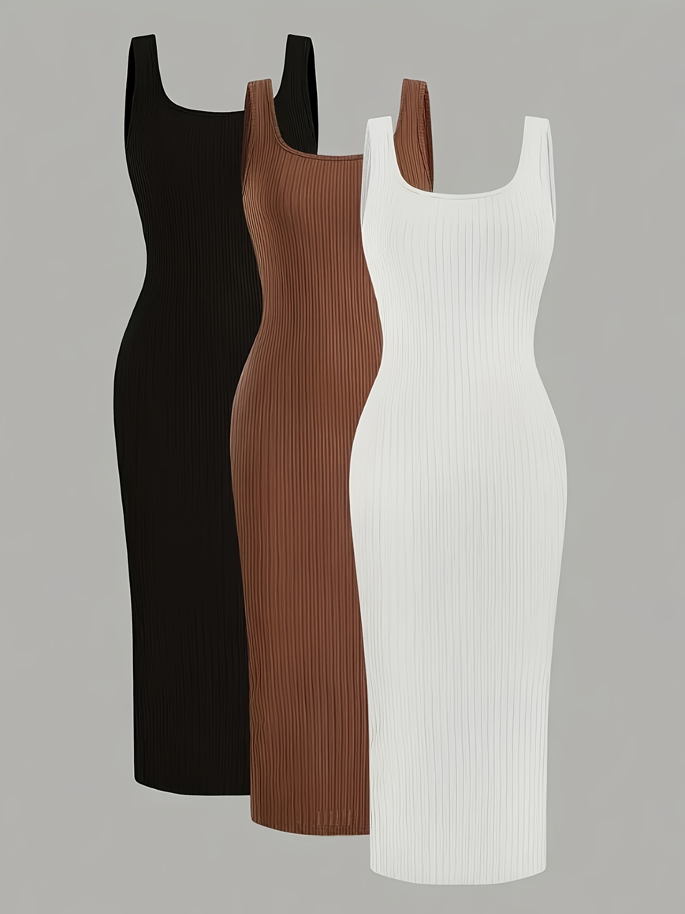 3pcs Women'S Ribbed Bodycon Dresses - Square Neck, Long Sleeve, Solid Color (Black, Brown, White) - Elegant & Versatile for Spring/Summer/Fall, Versatile Fashion | Ribbed Texture | Construction, Tight Fitted Dress