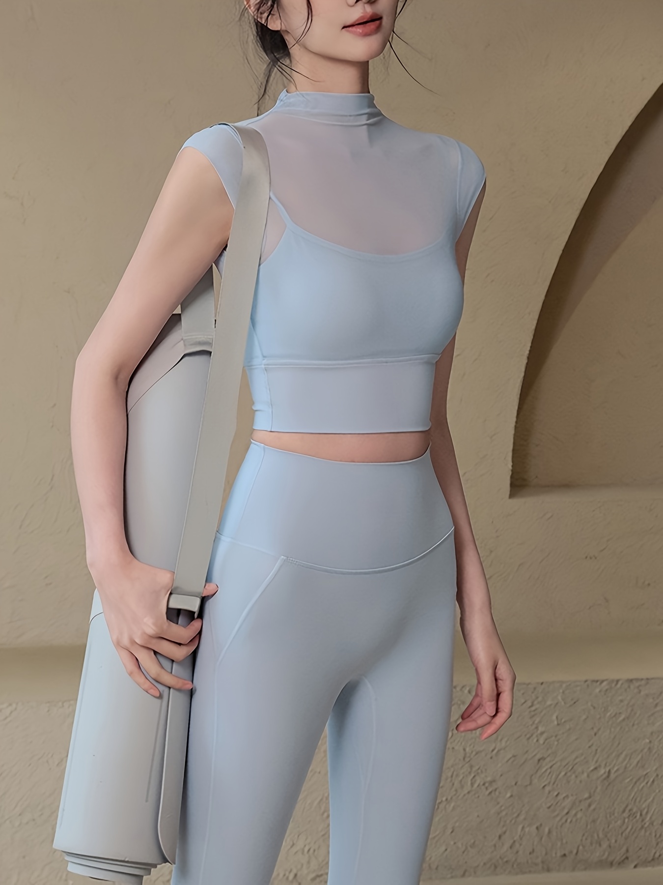 two piece set womens spring summer autumn mesh thin yoga tight top and leggings elegant outerwear fitness short sleeved pilates training outfit details 3