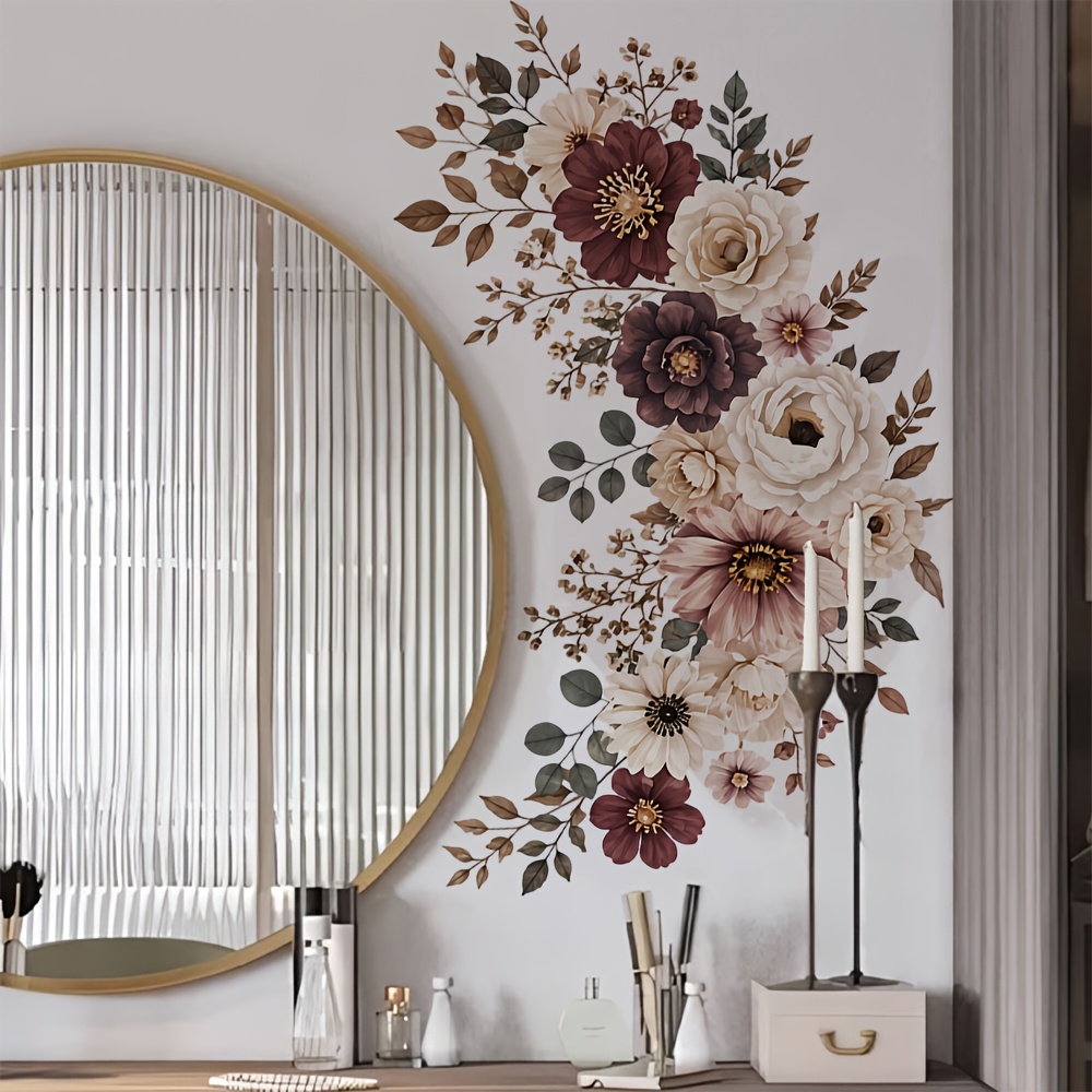 TEMU 1 pièce Autocollant mural floral doux Morandi, rouge vin marron clair, Décalcomanie de décoration murale pour salon et chambre