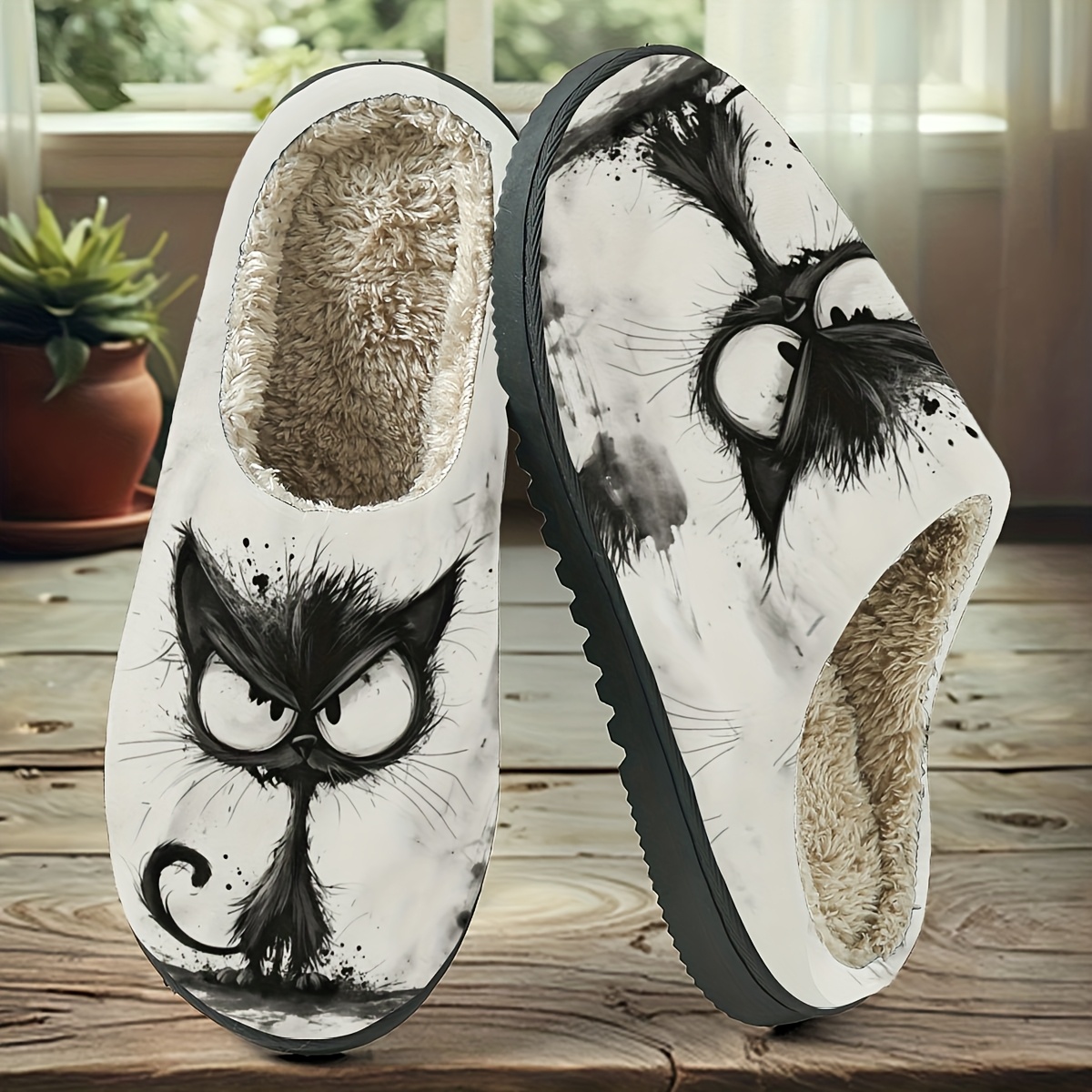 Image of Ink Wash Style Fluffy Cat Home Slippers Feature A And Adorable Design Of A Black And White Fluffy Kitten. Are Soft, Warm, And Comfortable