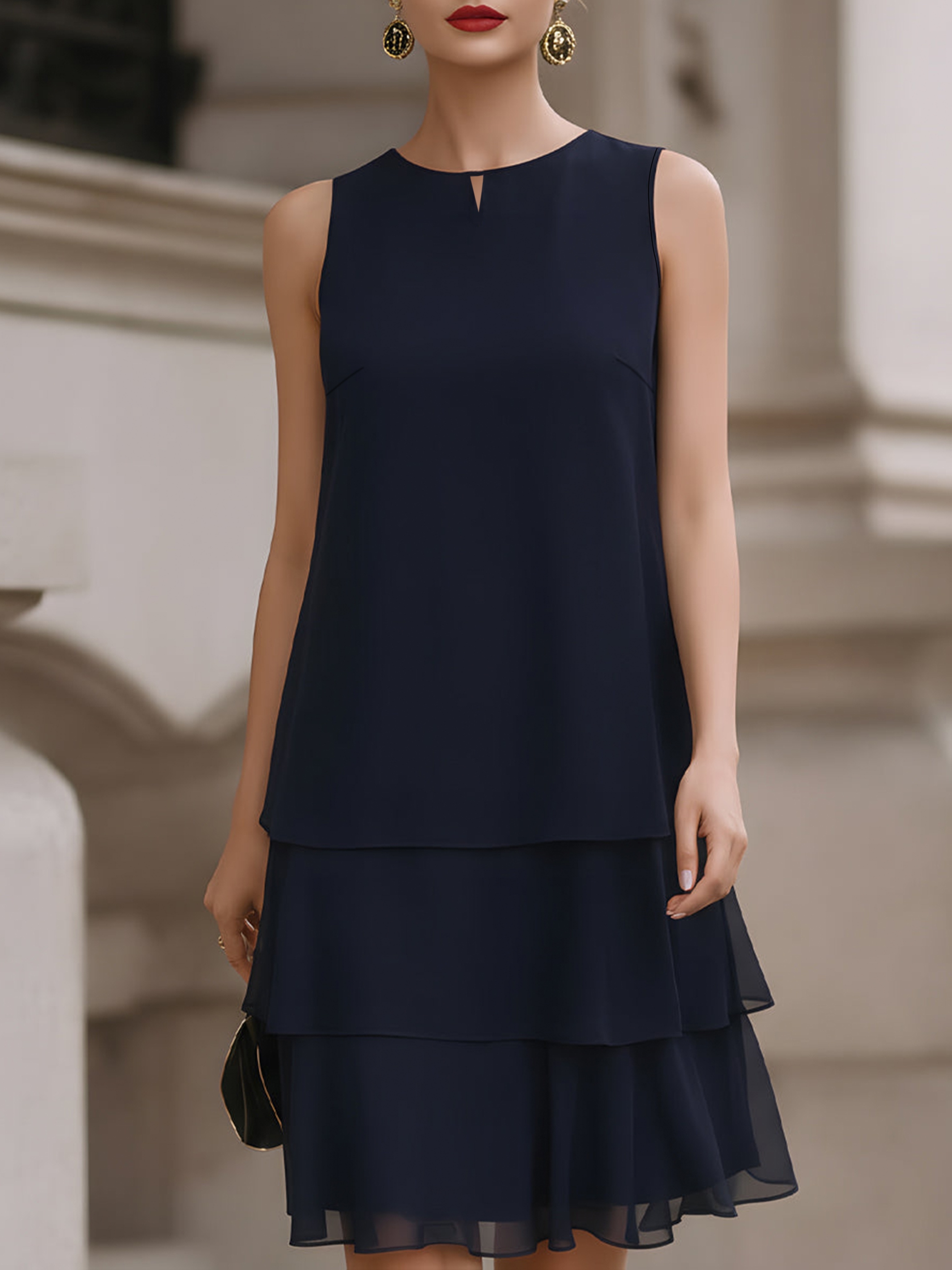 summer round neck sleeveless chiffon mesh layered cake skirt fashion solid   shoulder standard size a line knee length dress