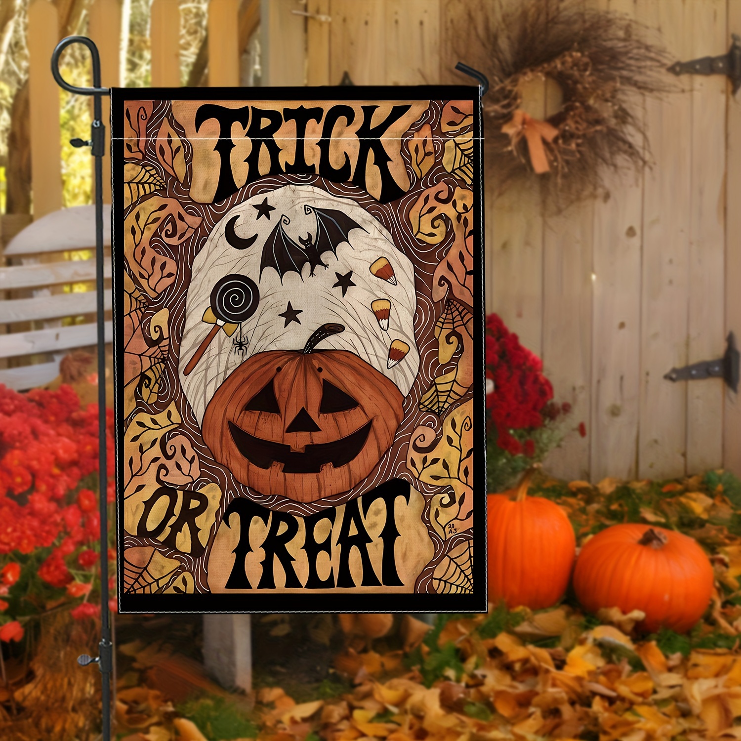 

Spooky Vintage Pumpkin & Bat Halloween Garden Flag - Double-sided, Durable Linen, 12x18 Inches - Perfect For Outdoor Decor