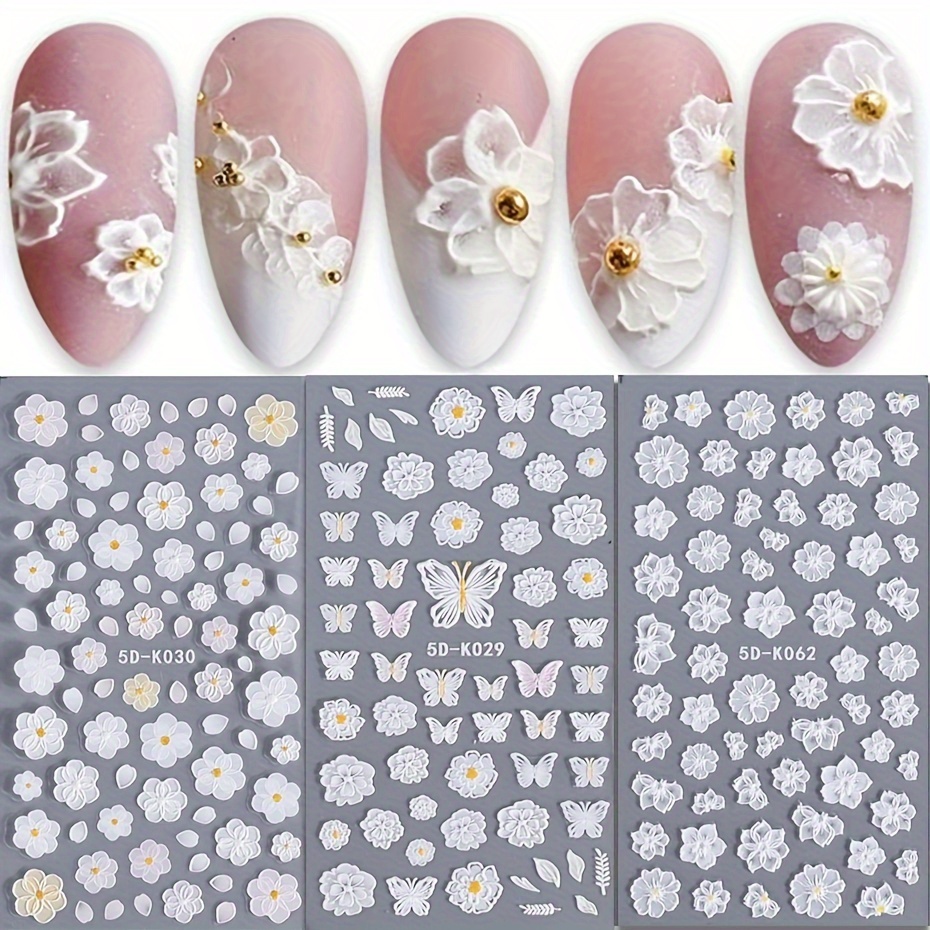 

2 Sheet 5d Embossed Lace Flower Nail Art Stickers White Petal Butterfly Cherry Sliders Daisy Rose Manicure Decals Supplies For Spring