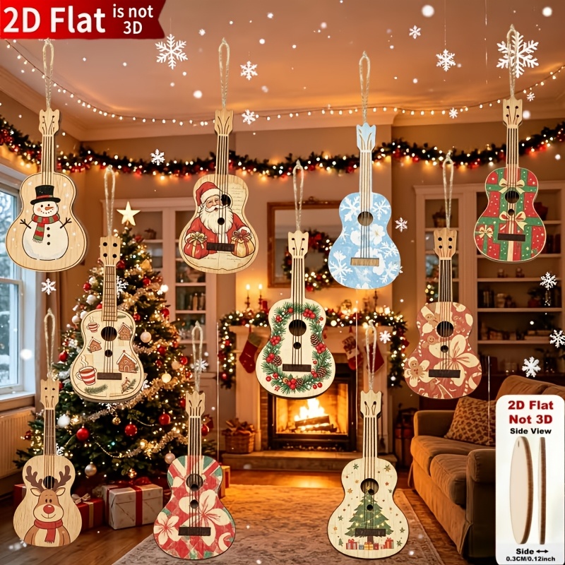 TEMU [2d Flat] 10pcs Christmas Guitar Ornaments Wooden Christmas Decorations 2d Flat Christmas Ornament Set Combination Holiday Theme Decorative