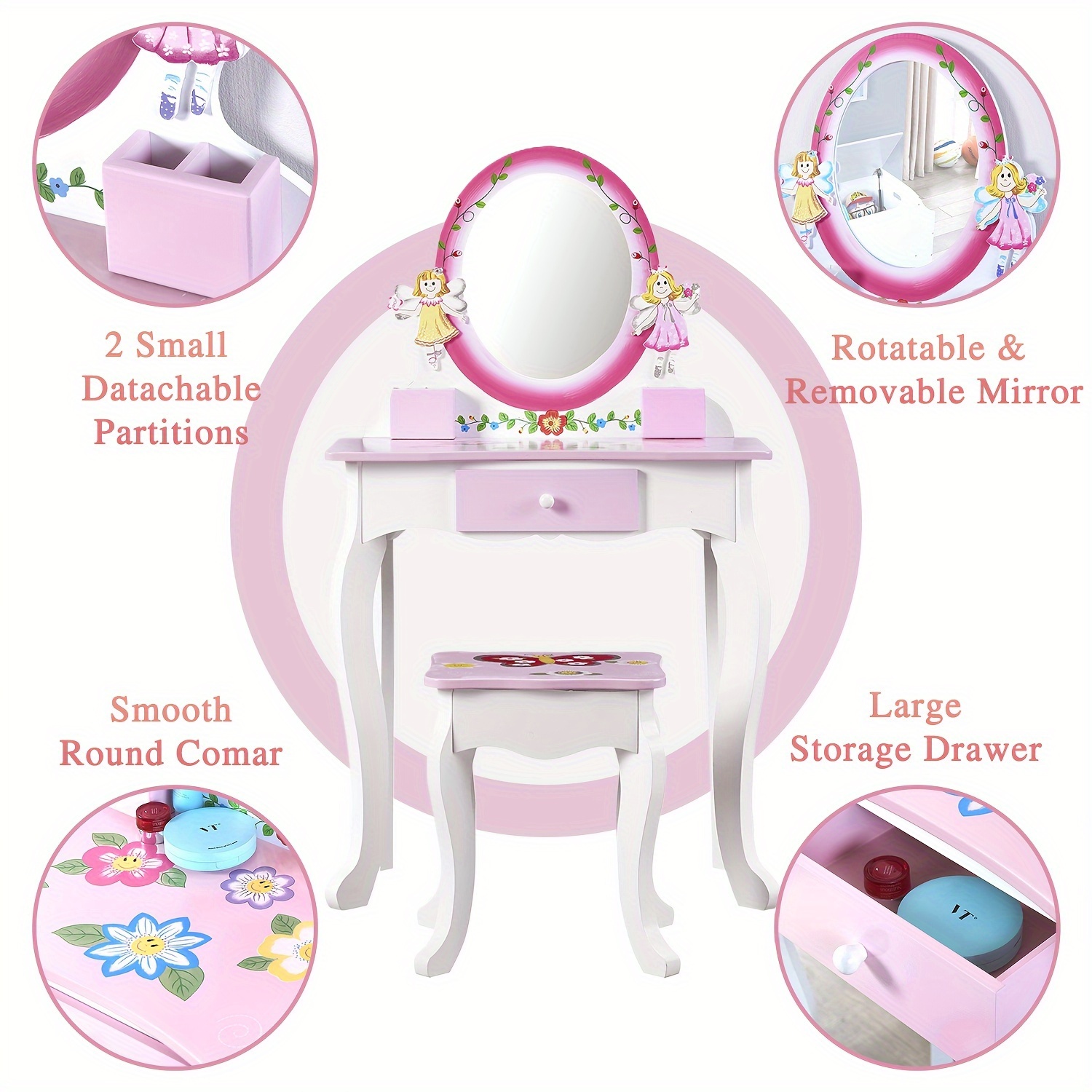 pink white vanity table set fairy vanity table stool set - Temu United  Kingdom