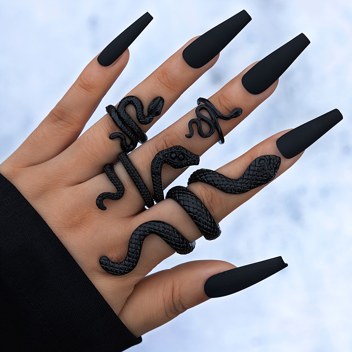 TEMU 4pcs Dark Gothic Style Geometric Snake Ring Set, Stackable Irregular Open Metal Jewelry Set, Suitable For Women's Parties And Daily Wear, For