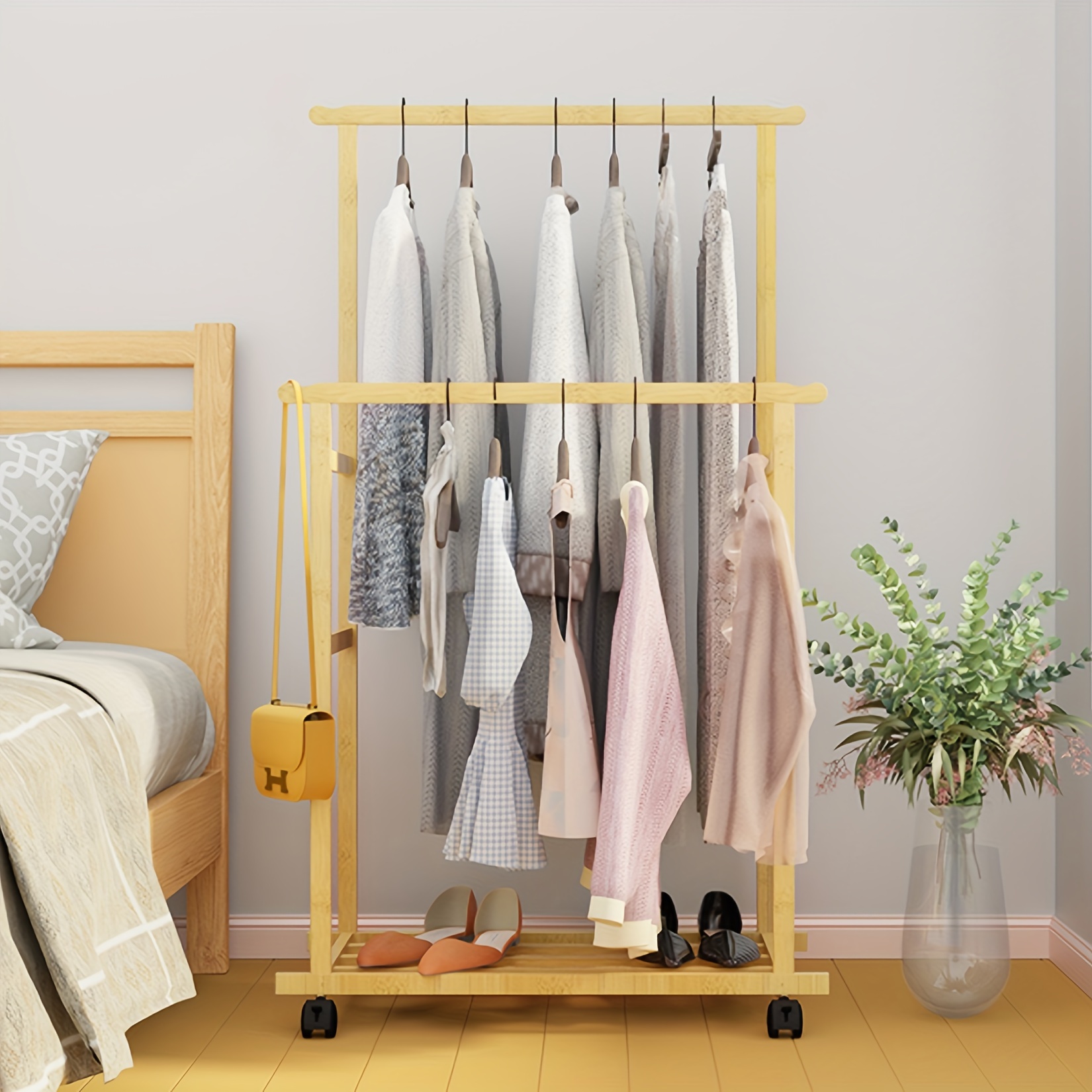 TEMU Wisfor Bamboo Garment Rack With Pull-out Shelf, Double Hanging Rods, Freestanding Clothes Organizer With Wheels, Floor Mount Coat And Suit Rack