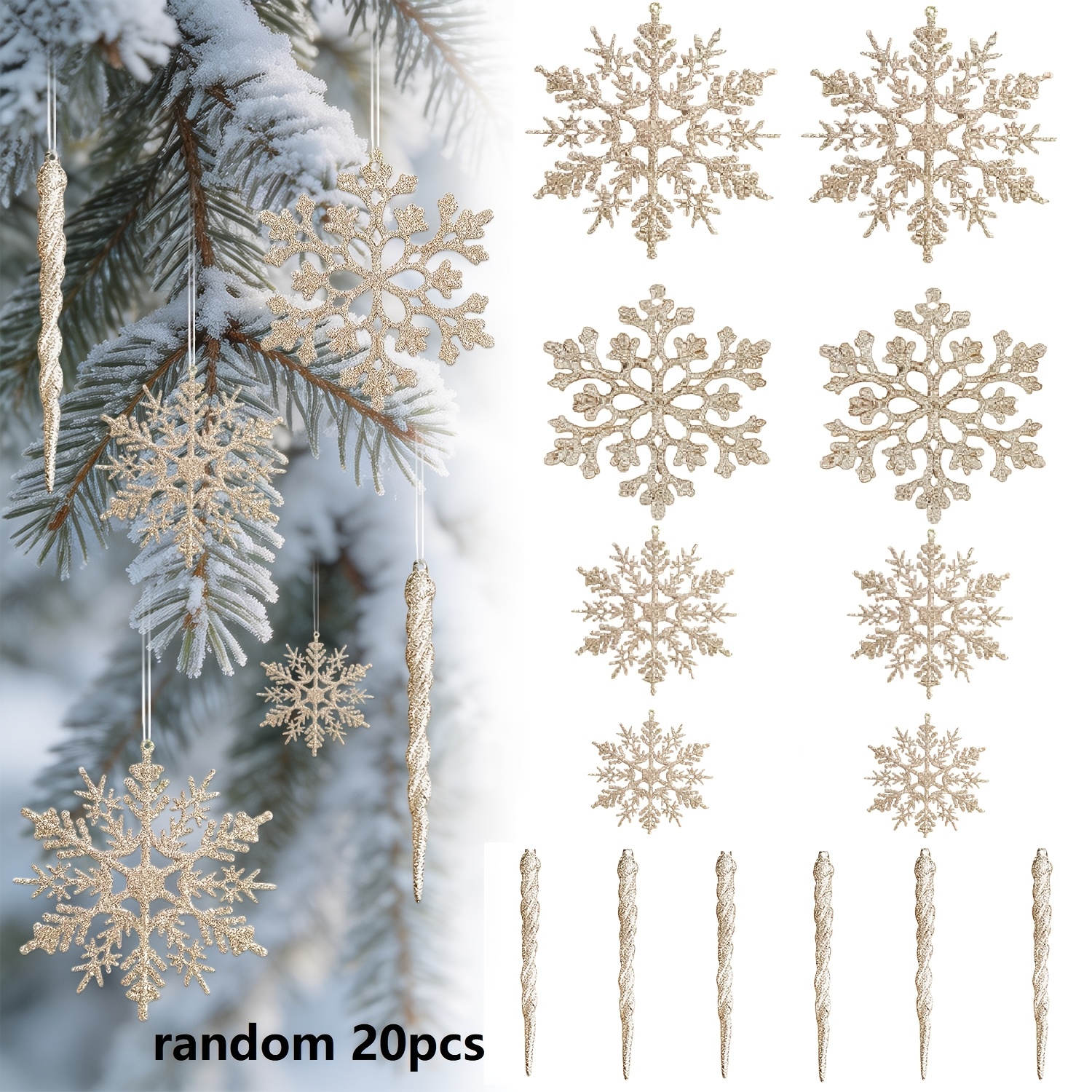 TEMU Random 20pcs, Snowflake Icicle Ornaments For Christmas Tree Snowflake Twisted Icicles Glitter Hanging Decorations For Winter Xmas Tree New Year