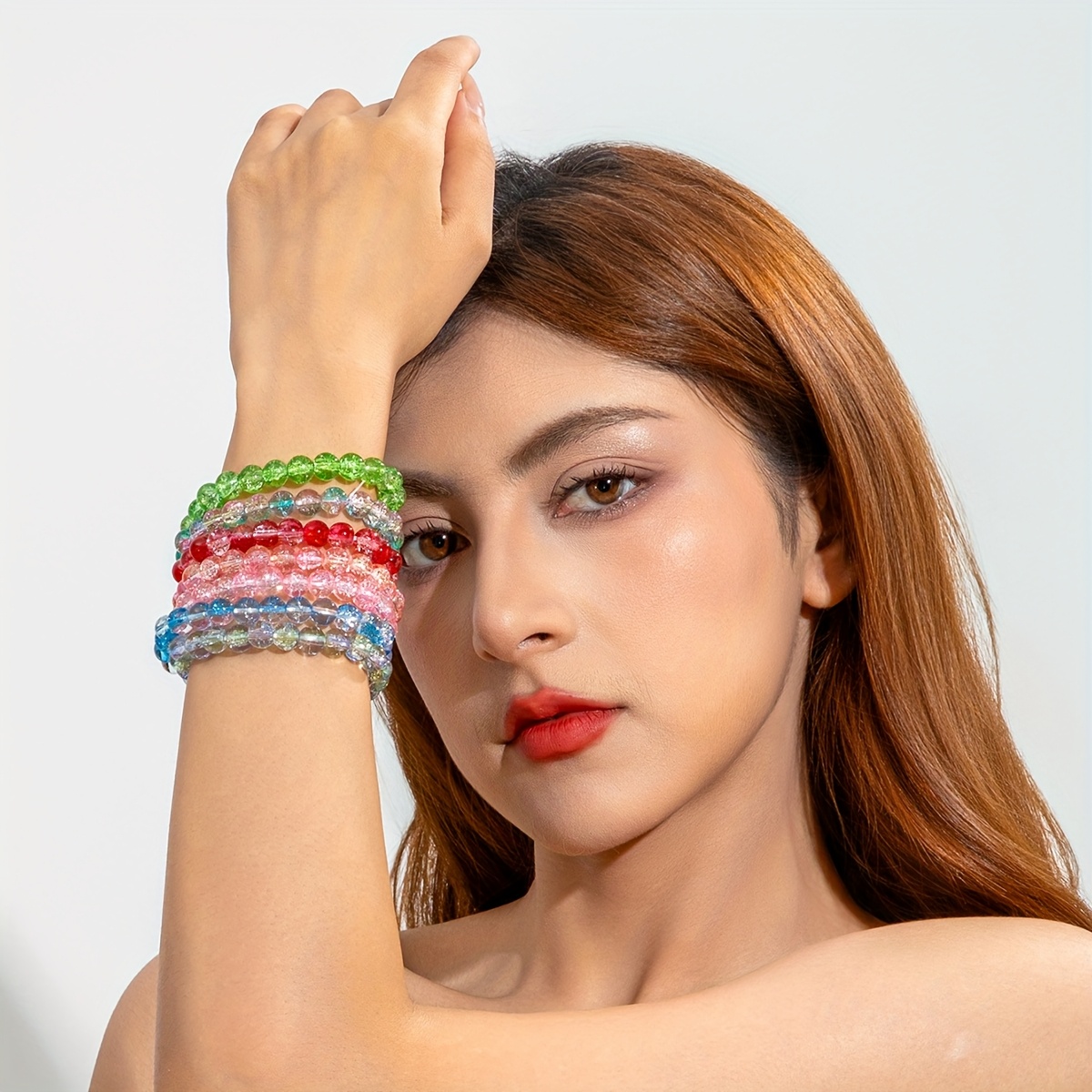 TEMU A Set Of 7 Bohemian-style Colorful And Vibrant Glass Bead Bracelets For Women, Designed For Layering, Perfect For Parties, Gatherings, And