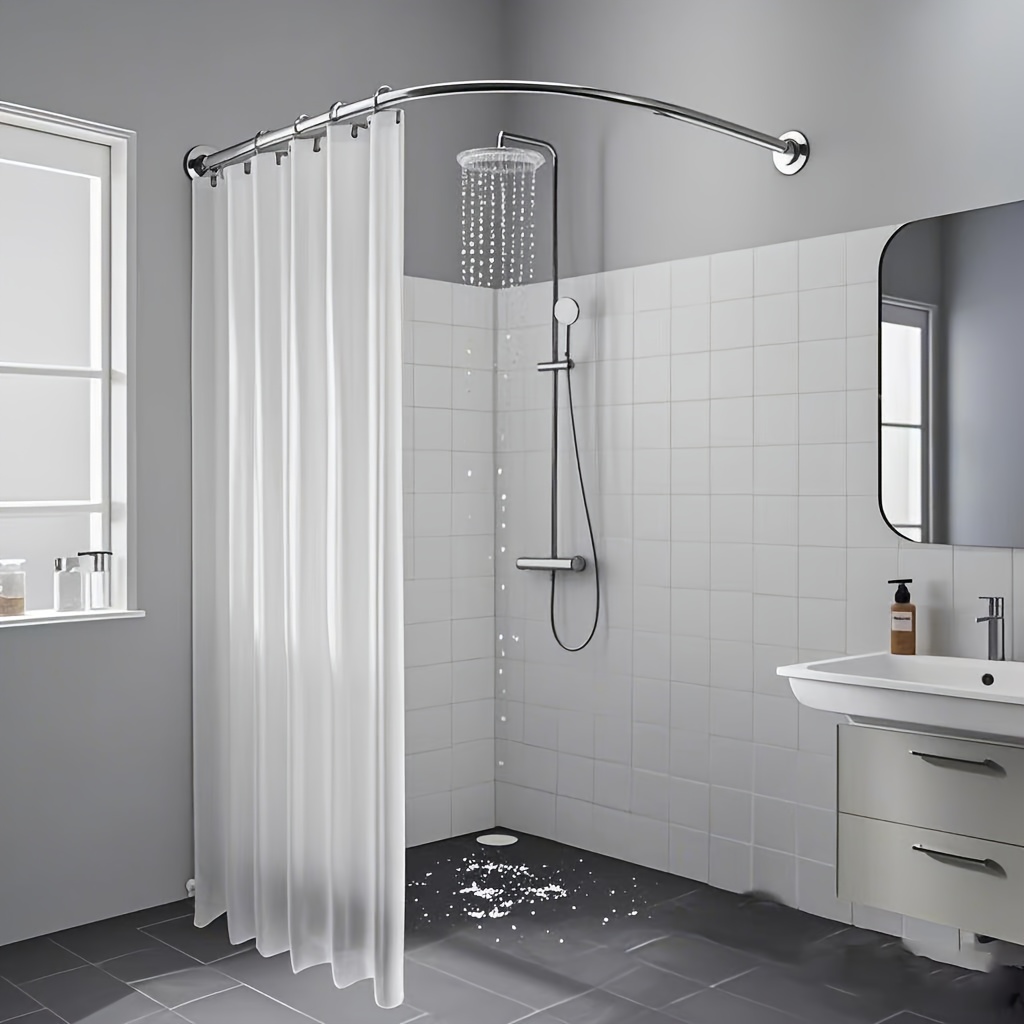 item picture adjustable curved shower rod no drill stainless steel tension arc rod space saving l shaped design   sturdy for bathroom bathtub  