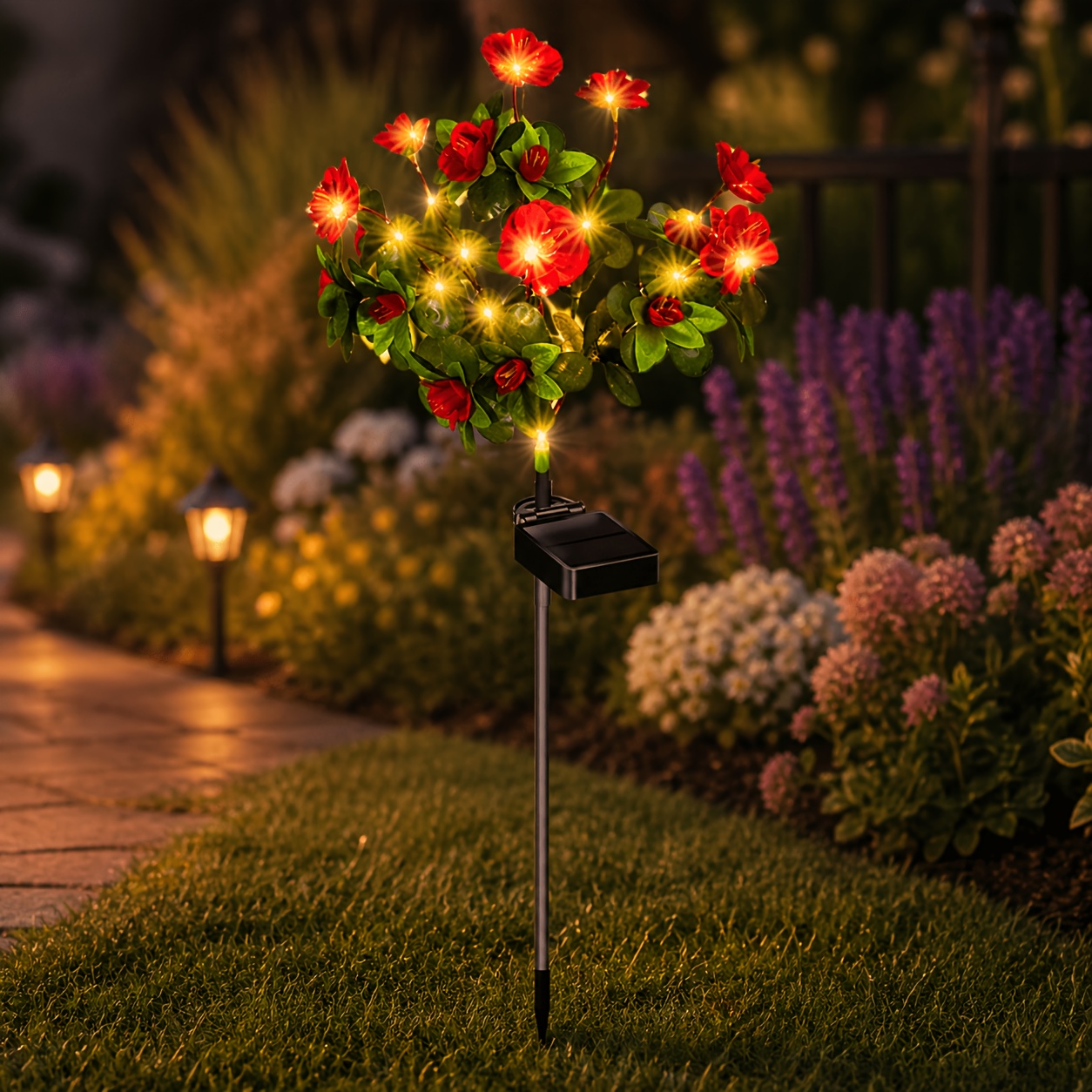 Solar Garden Lights Outdoor, Solar Azalea Flowers Lights With Led Solar Powered Pathway Lights For Yard Lawn Patio Garden Decor (warm Light)