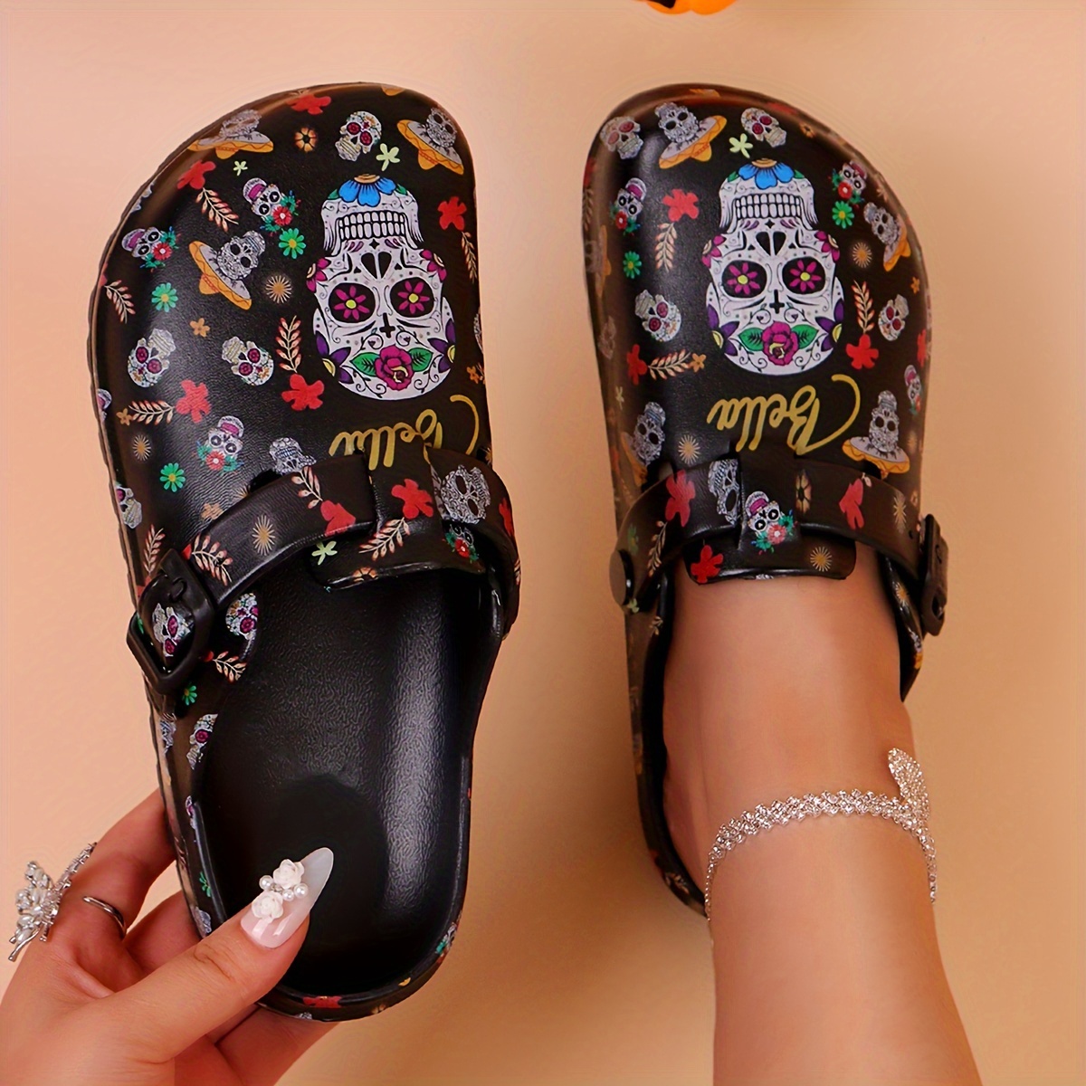 

Skeleton And Rose Women's Clogsfor Halloween - Fashionable Flat Sandals With Buckle Straps - Comfortable Easy To Wear Perfect For Everyday Wear