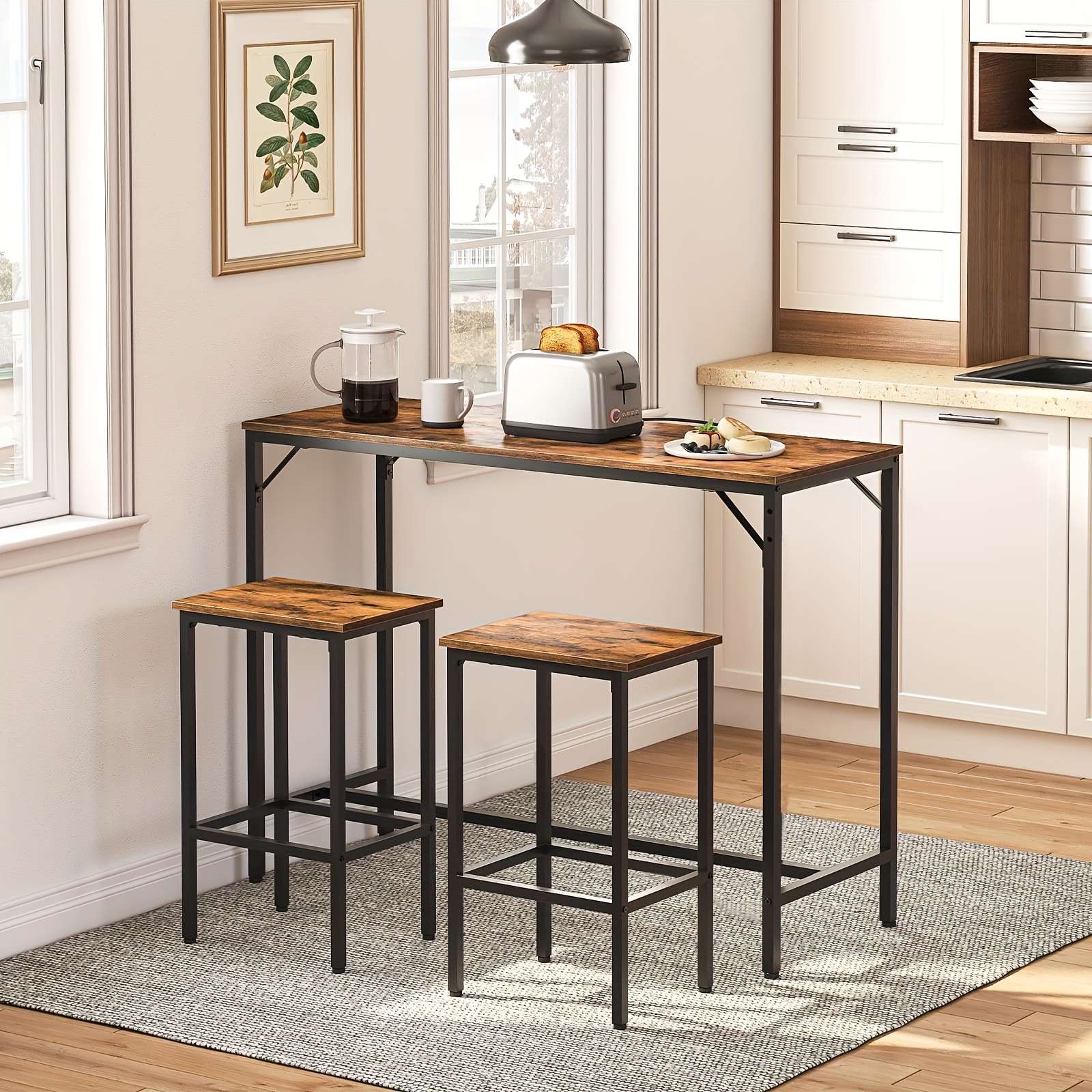 Image of Modern Bar Table And Chair Set - Easy To Assemble, Stable Structure, Adjustable Feet, Space-, Suitable For Home, Kitchen Or Bar Two-, Wardrobe System