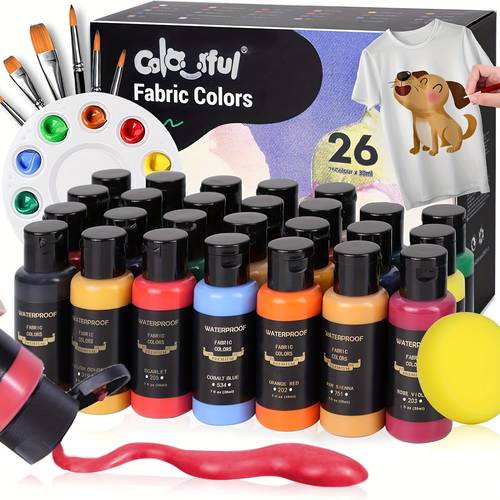 item picture 26 color permanent fabric paint set with 6 brushes palette gel based non toxic textile dye kit for clothes shoes canvas fabric waterproof washable paints for adults artists 14 colors 30ml tubes