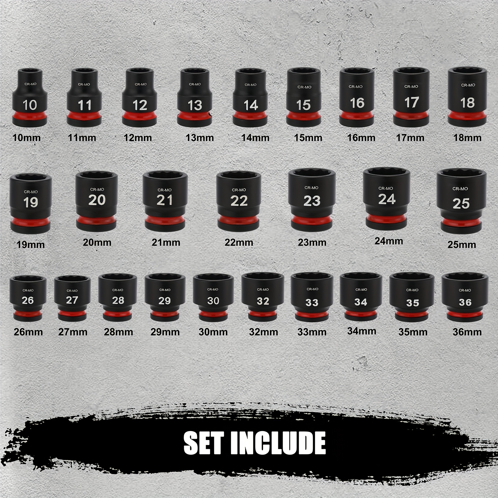 1/2'' Drive Shallow Impact Socket Set, 12 Point, Metric, 10-36mm, Cr-mo, Axle Nut Impact Grade Socket For Easy Removal