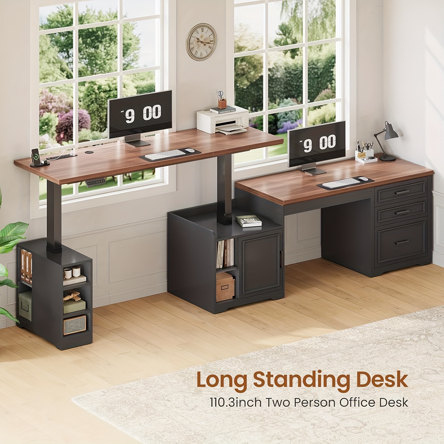 farmhouse l shaped standing desk 110 long two person desk with power outlets home office desk with 3 drawers cabinet and open shelves large electric standing desk with storage white     and metal construction Product details 11