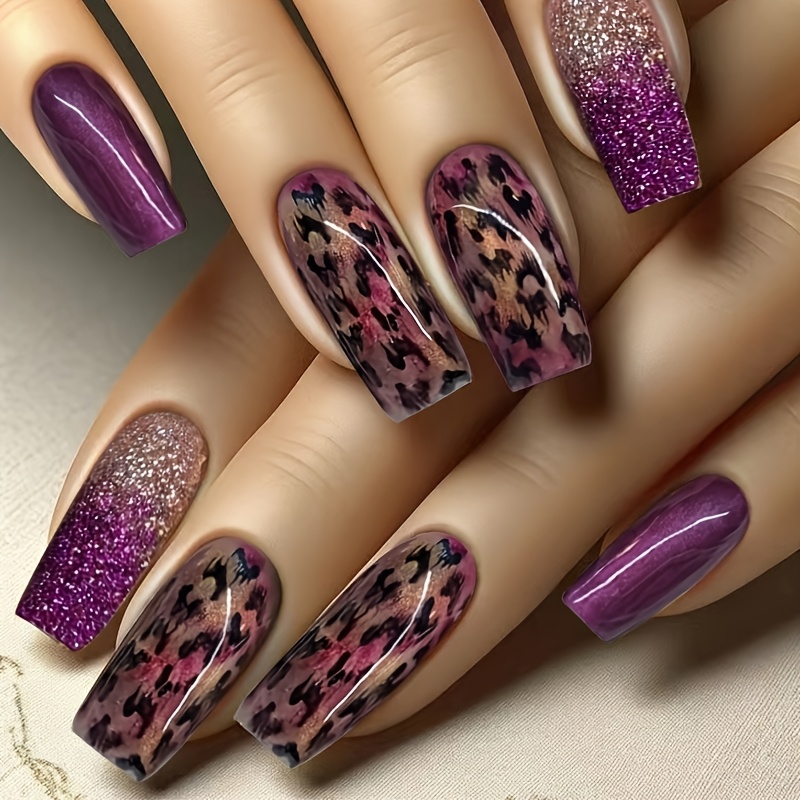

24pcs Print Press-on Nails, Medium Length, Glitter Gradient Fake Nail Tips For Party And