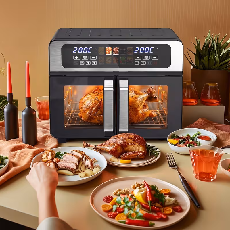 27 5qt large french door air fryer toaster oven combo suitable for convection oven with smart rotisserie dehydrator rotating oven dehydrator function independent dual fans sync mode led touchscreen plug details 1